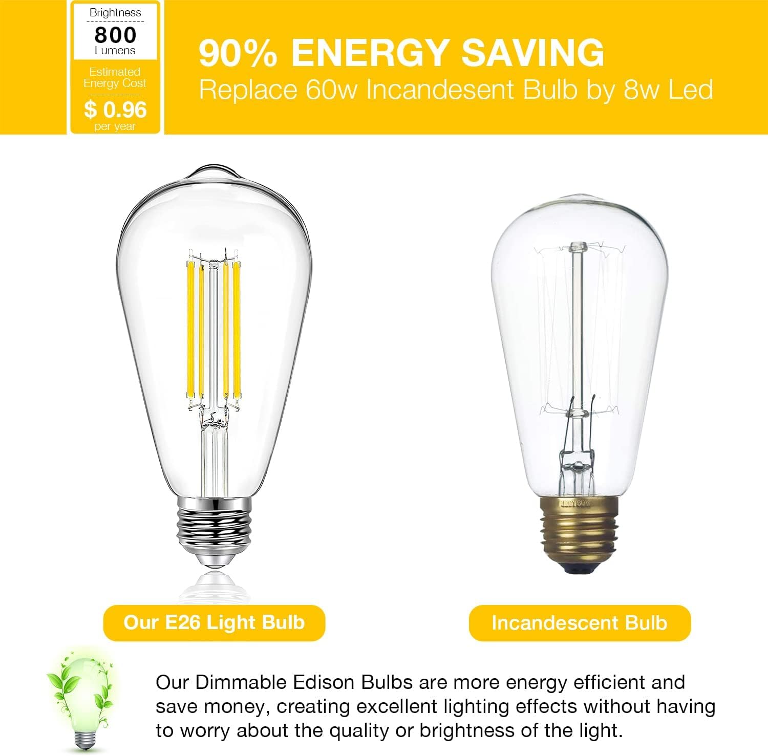 Daybetter 10 Pack Led Lights, Vintage Led Edison Bulbs 60 Watt Equivalent, St58 Antique Filament Light Bulbs, E26 Dimmable Bulb