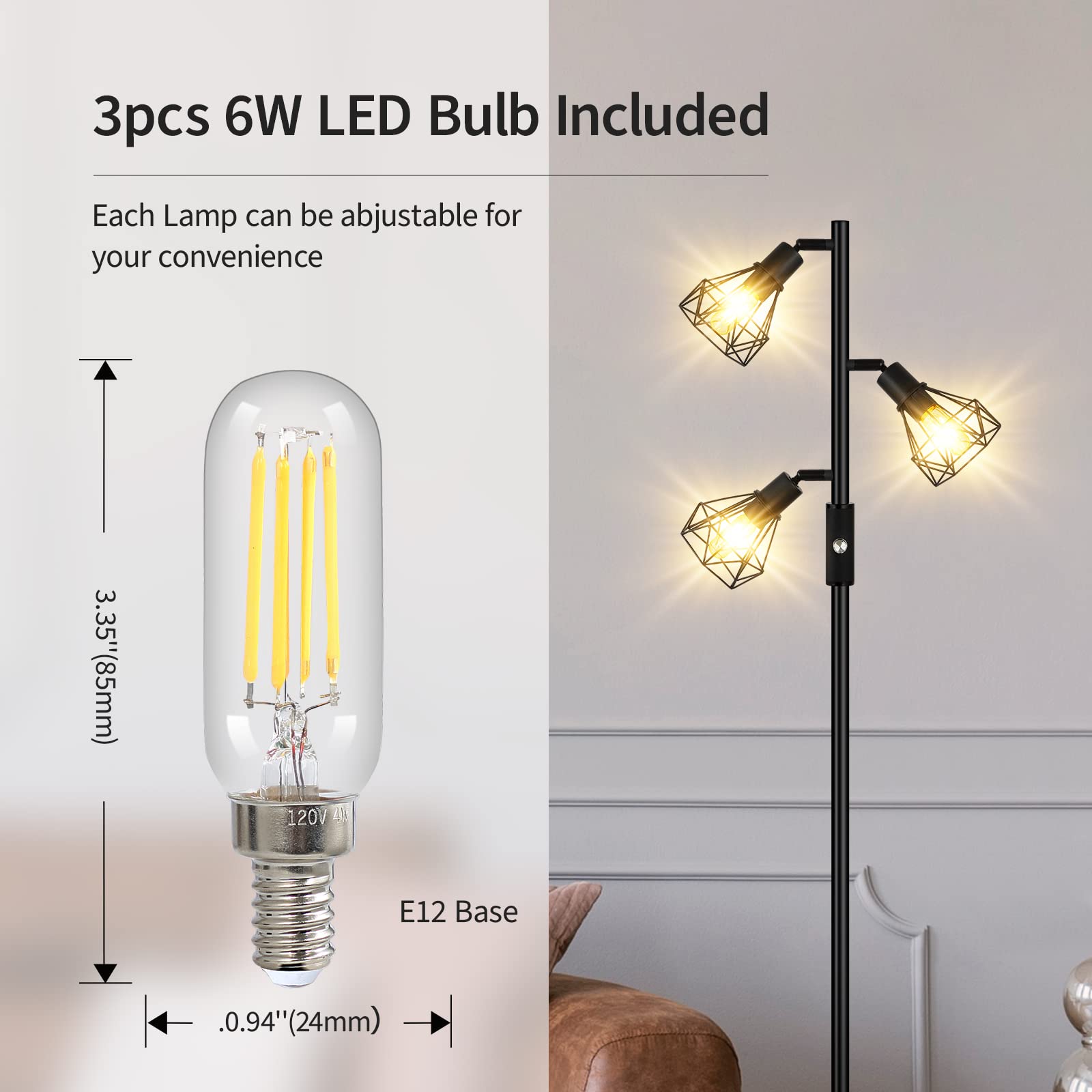 Floor Lamp, Industrial Floor Lamps For Living Room,Tree Standing Lamp Bright With 3 Charm Diamond Head 1200 Lumens Edison Bulbs