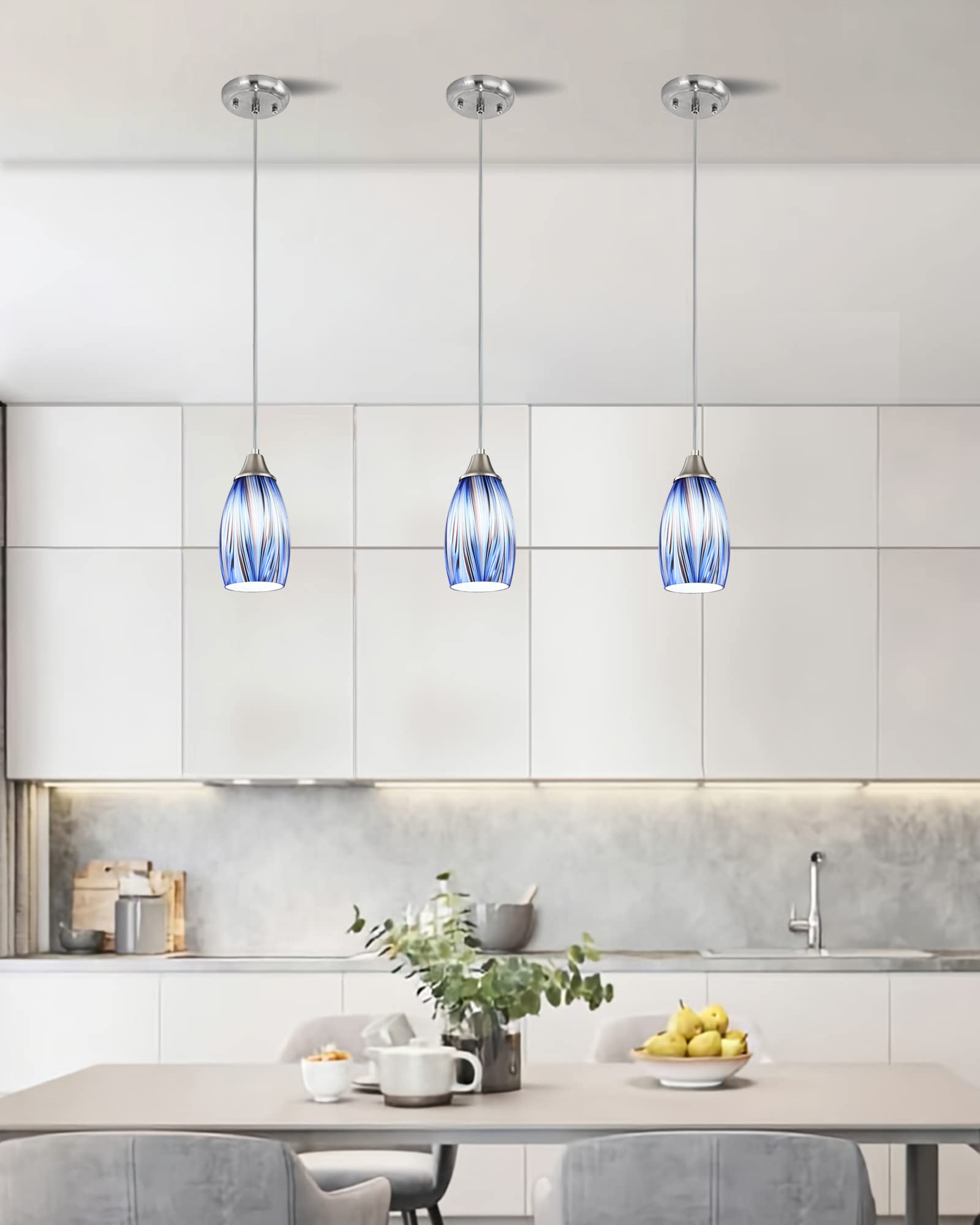 Karyfine Dark Blue Glass Mini Pendant Lights For Kitchen Island 3Pack Blown Art Glass Pendant Lighting Shade Hanging Pendant Lights With Brushed Nickel Finish For Kitchen Over Sink,Dining Room
