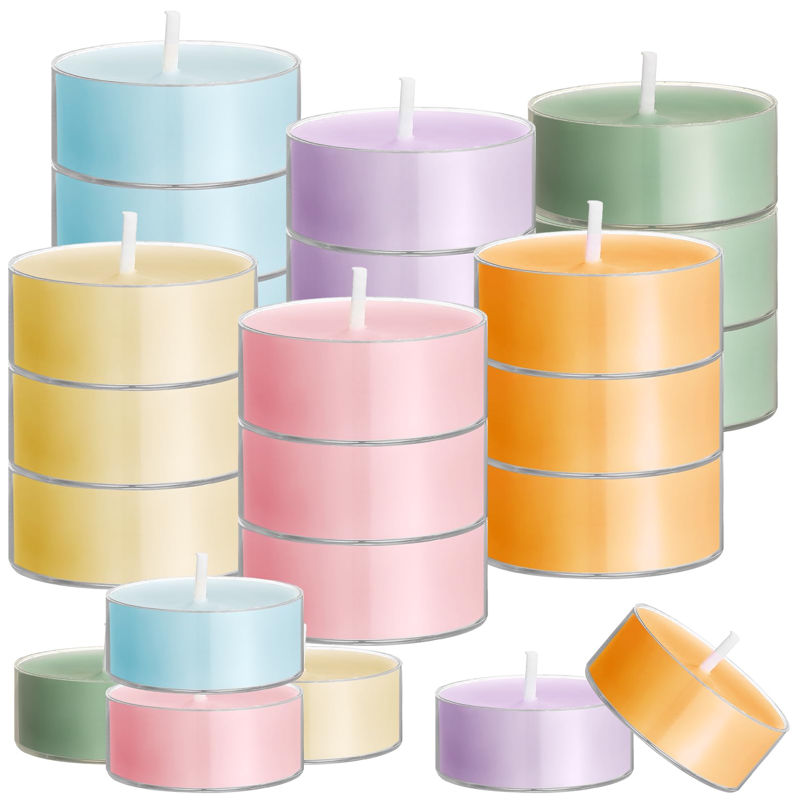 Conelist 24 Pack Colored Scented Tealight Candles, Small Aromatherapy Tea Lights in Clear Cups, Pastel Color, Model Conelist-mon0115d
