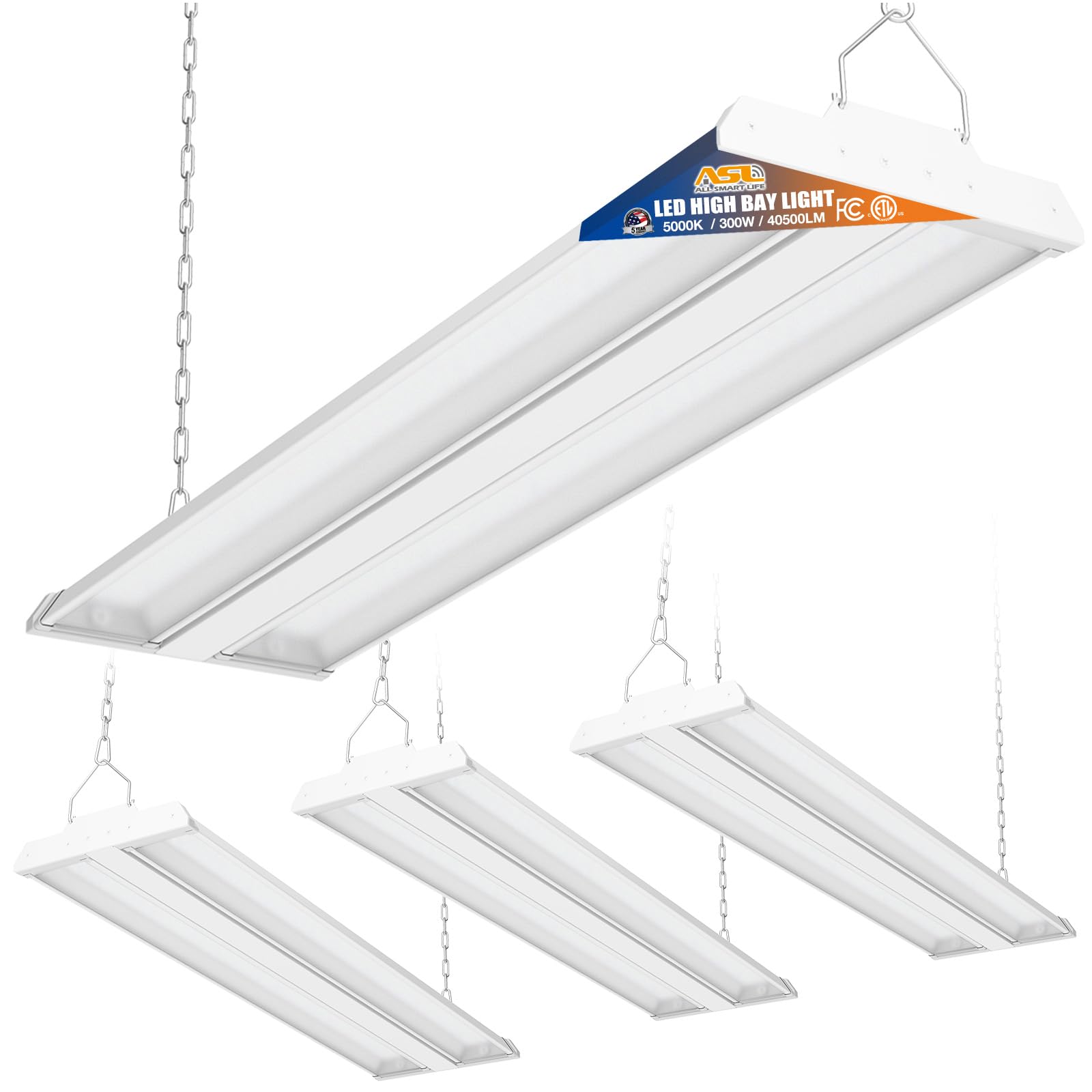 Allsmartlife Led High Bay Light 4-Pack, 5000K Daylight, 300W, Etl, Aluminum, Adjustable Tilt, White