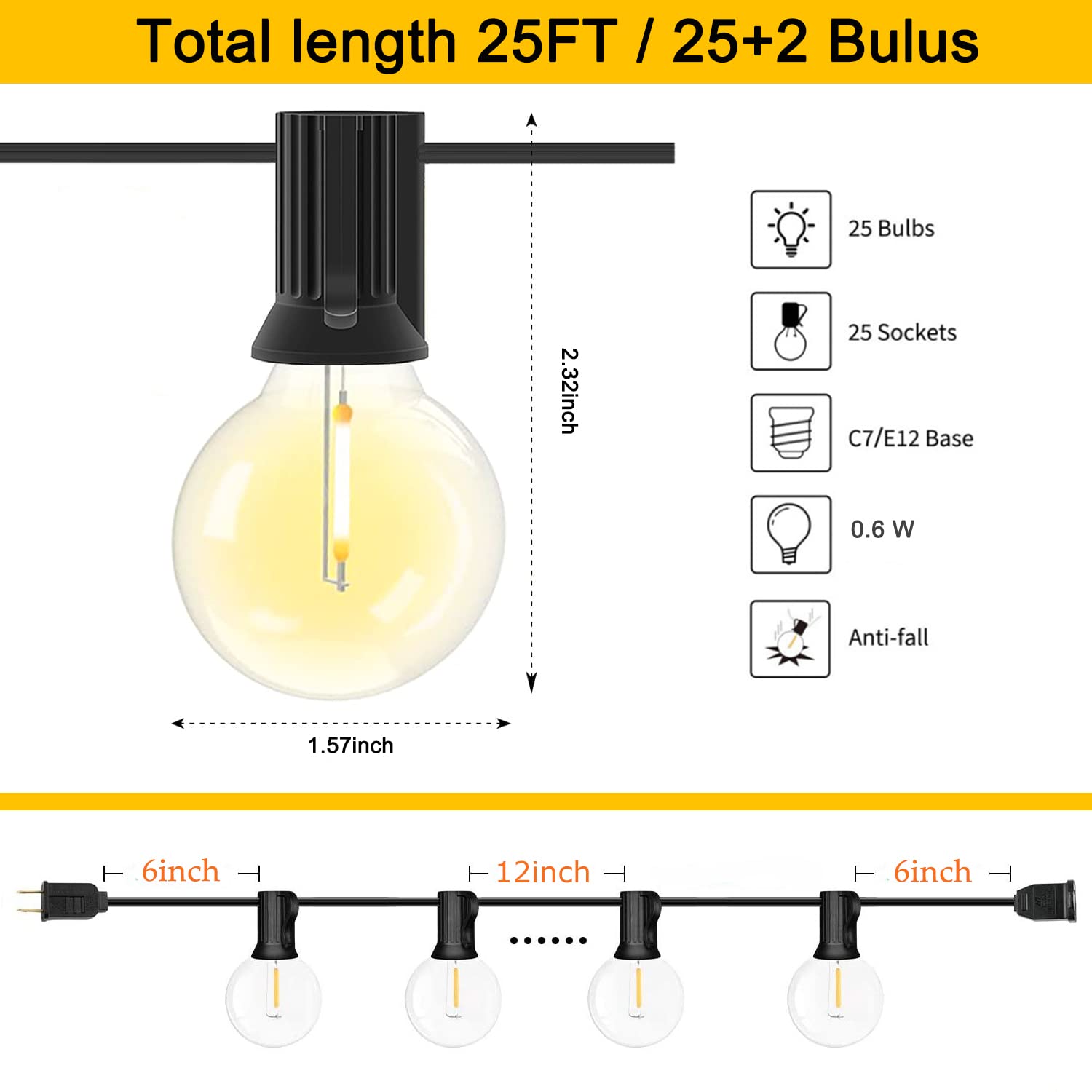 25Ft Globe Led String Lights, G40 Outdoor Led String Lights With 27 Shatterproof G40 Clear Globe Bulbs, Vintage Hanging Patio Ul