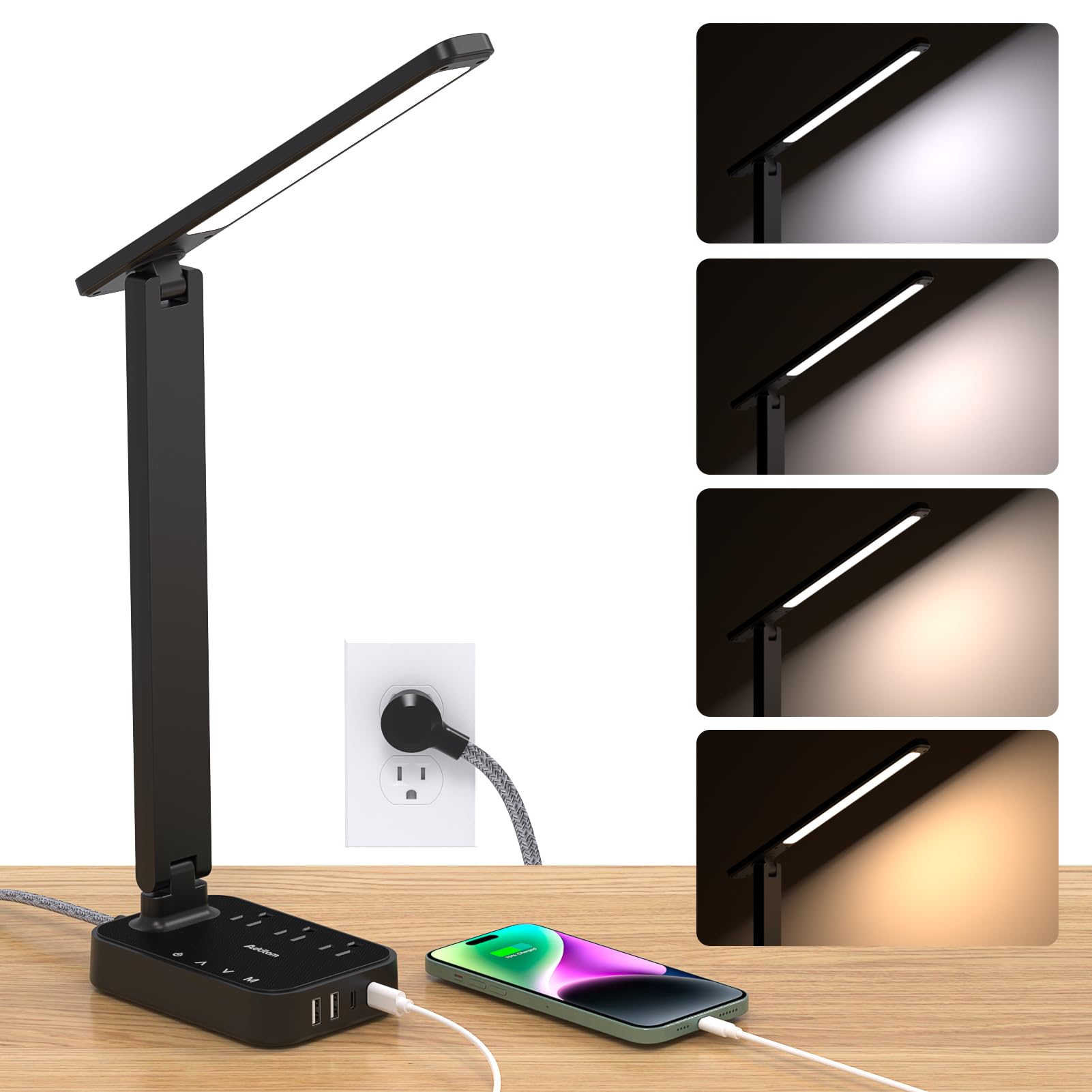 Addtam LED Desk Lamp with Power Strip, 3 Outlets, 4 USB Ports, 4 Modes, 5 Brightness Levels, 10FT, Black