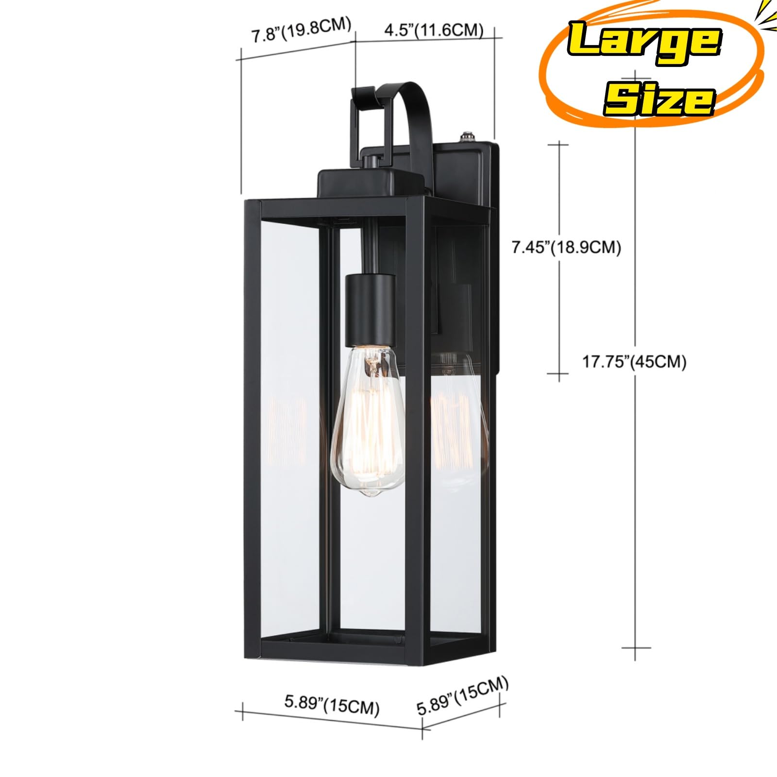 WISBEAM Large Outdoor Wall Light Fixture, 17.75in Modern Porch Sconce, Metal Construction, Clear Glass, No Sensor, Model 19011