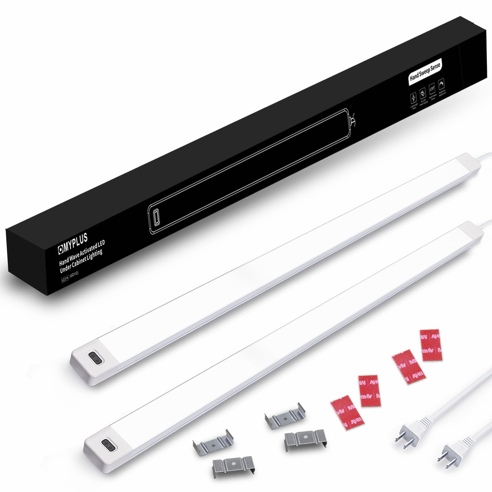 MYPLUS 2Pcs 24 Inch Under Cabinet Lights with Hand Wave, Under Counter Lighting 4000K Natural White,Dimmable,Plug and Play,LED L