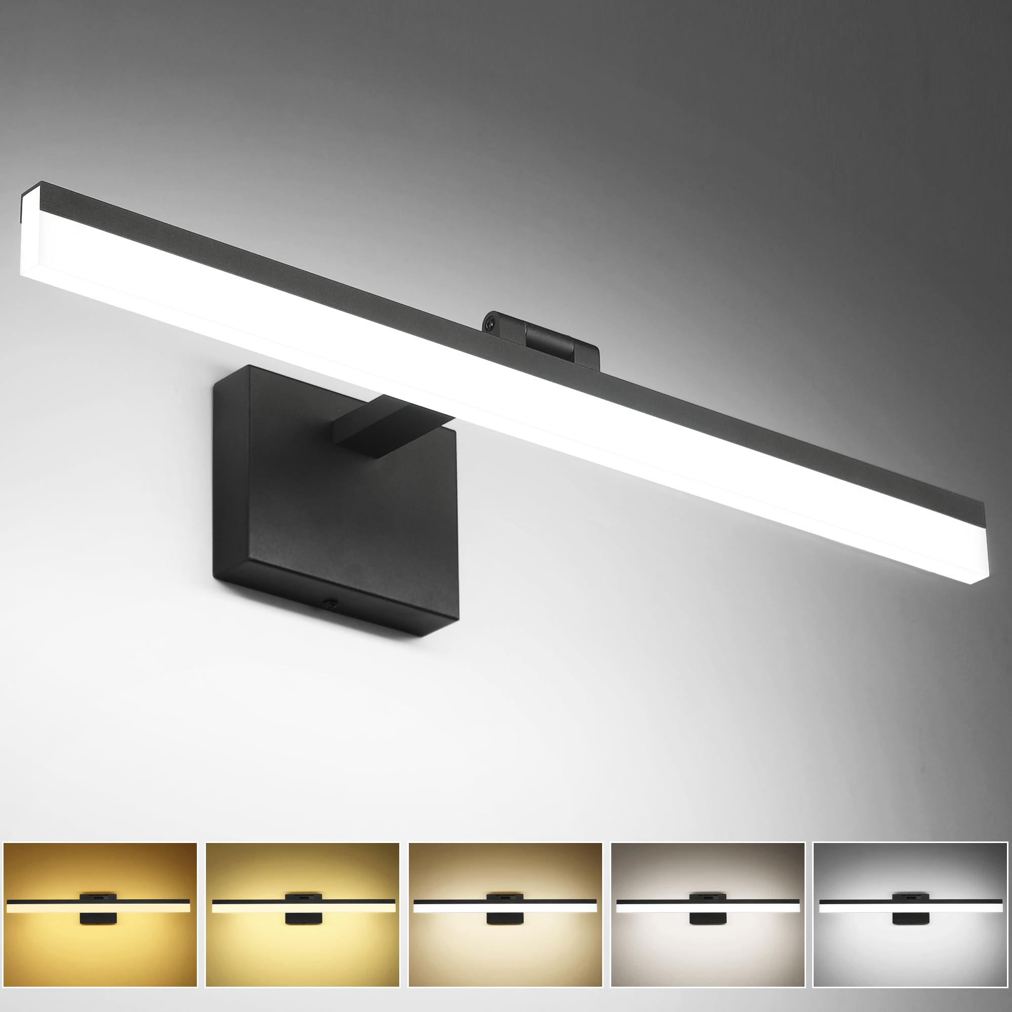 SOLFART LED Bathroom Light Fixture 5CCT Dimmable 24-inch Black Aluminum Vanity Light Over Mirror
