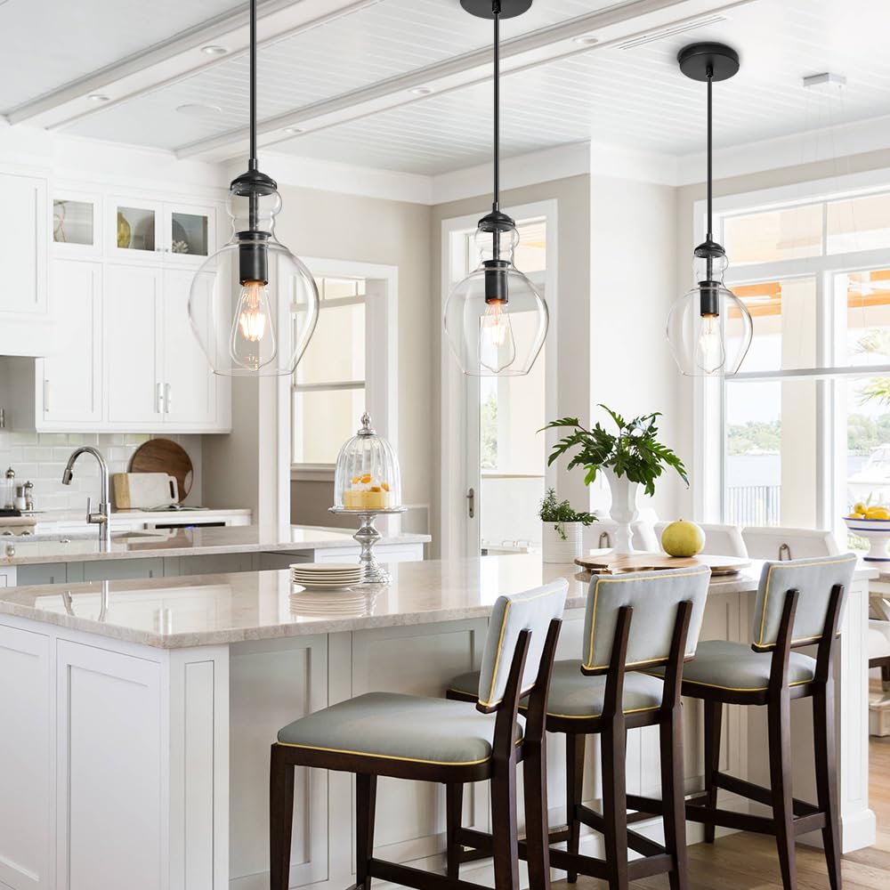 Vaziden Modern Glass Pendant Lighting For Kitchen Island Kitchen Sink, Farmhouse Black Pendant Light Fixtures 7 Inch 1 Pack, Adj