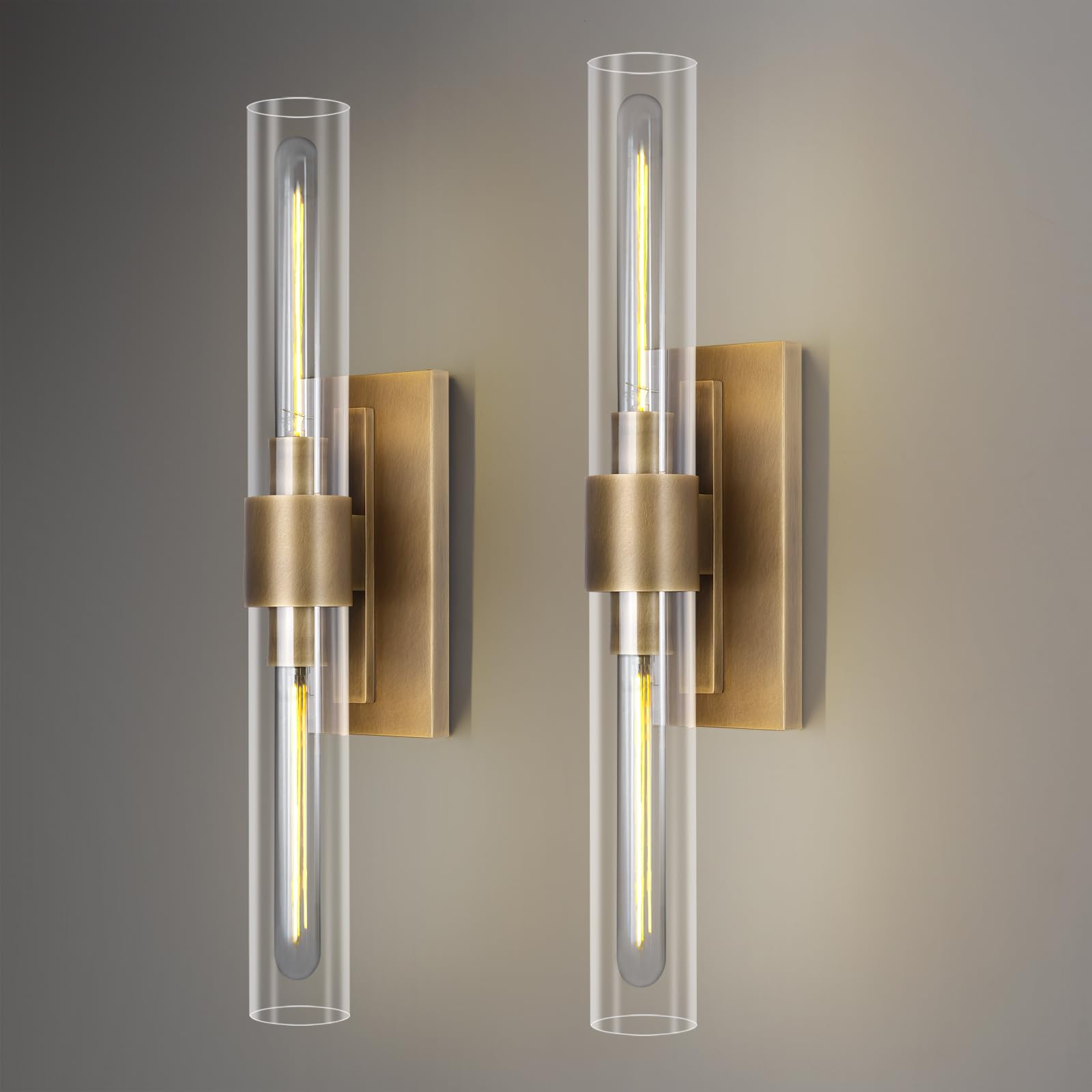 Brass Wall Sconces, 22.8" Bathroom Wall Sconce, Antique Brass Wall Sconces Set Of 2, 2-Light Dimmable Wall Sconce, Sconces Wall Lighting With Glass, Bathroom Vanity Light, Tube Sconce For Living Room
