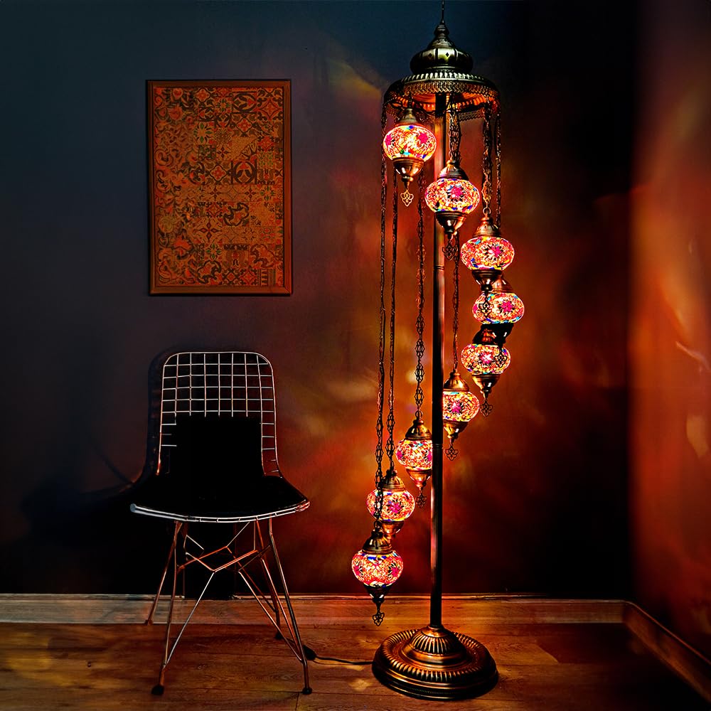 Asylove Turkish Lamp 9 Globe Mosaic Floor Lamp, Mosaic Standing Lamp 9 Globe Mosaic Moroccan Lamps Floor Lamp For Decorative Home Designs Offer 5 Inch Globe - Total Height 70 Inch (Red)