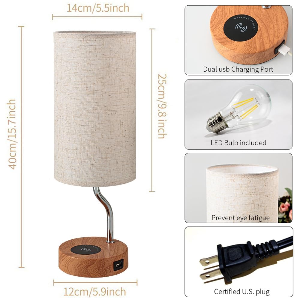 Artoomizz Bedside Table Lamp - Touch Control LED, Wireless Charger & USB Port, Cream, Dimmable, Wooden Nightstand Lamp for Bedroom & Office