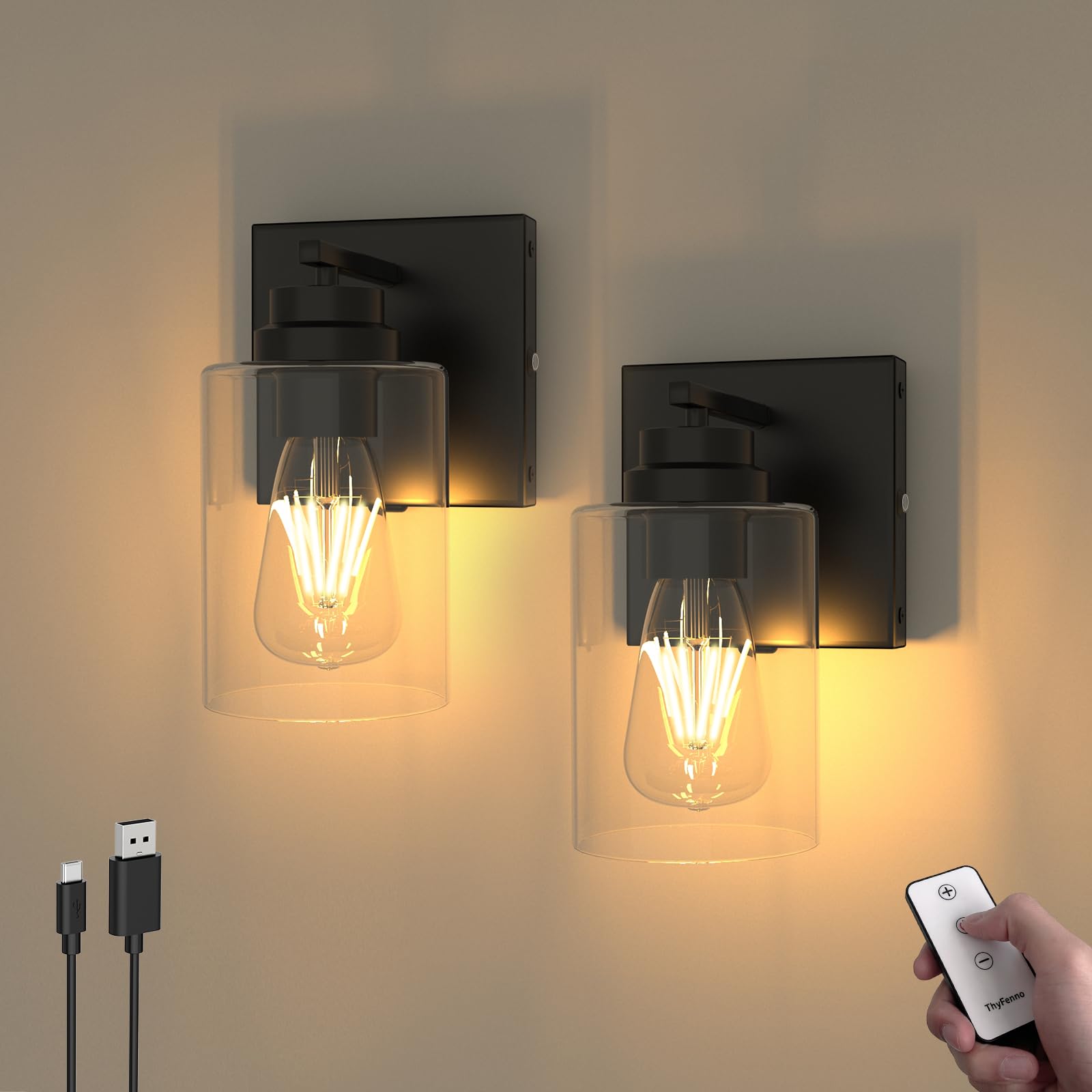 ThyFenno Battery Operated Wall Sconce with Remote Control  Dimmable Wall Lamp Set of Two No Wired  Rechargeable Cordless Wall Light Fixtures for Bedroom Living Room Bathroom Hallway Farmhouse  Black