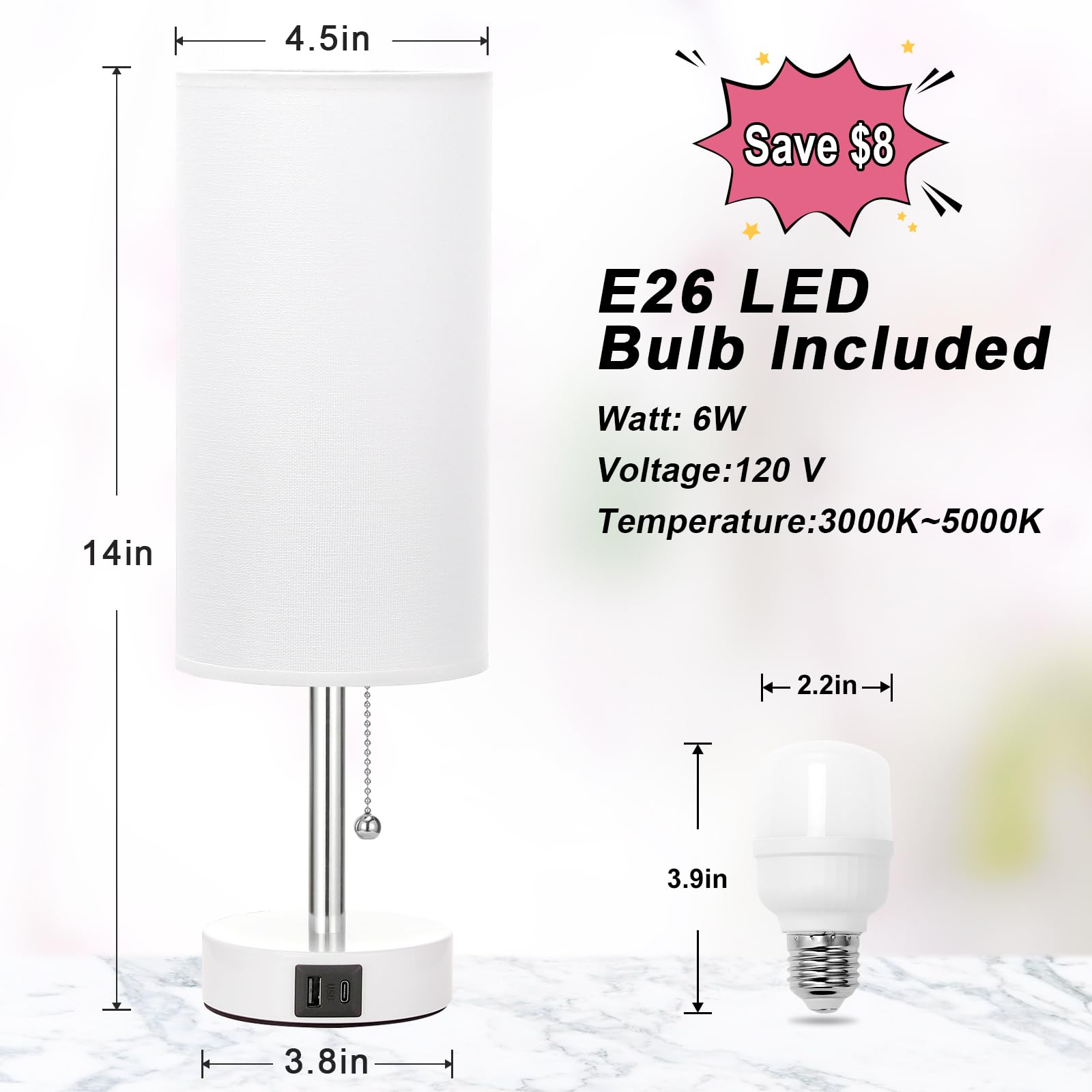 Hong-In Nightstand Lamp With 3 Color Modes - White Lamp For Bedroom With Usb-C Usb-A Charging Ports, 3000/4000/5000K Bedside Lam