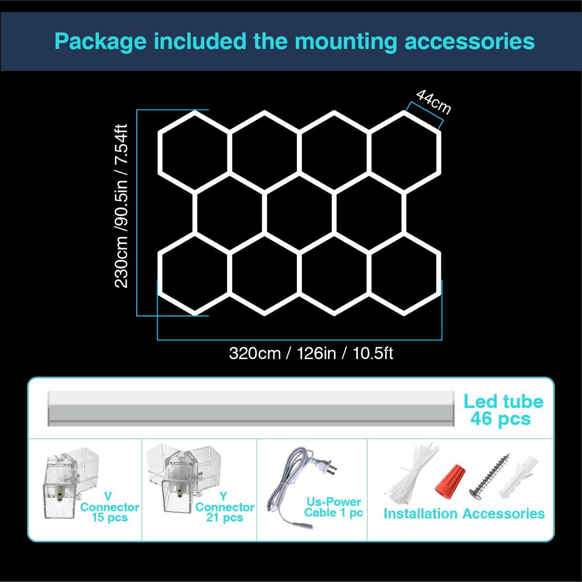 Cezelux Hexagon Garage Lights, 11 Honeycomb 46Packs Tubes 6500K 368W 3.2X2.3M, Honeycomb Garage Lights Ceiling Led Car Detailing Lighting For Gym Basement Warehouse Auto Beauty Shop Hair Salon Office