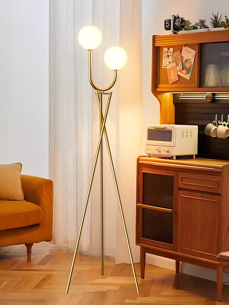 Lightdot Gold Floor Lamp Mid Century Tripod Floor Lamp with U-Stylish 2-Lights with 2Pcs 3000K G9 Bulbs Tripod Standing Lamps wi