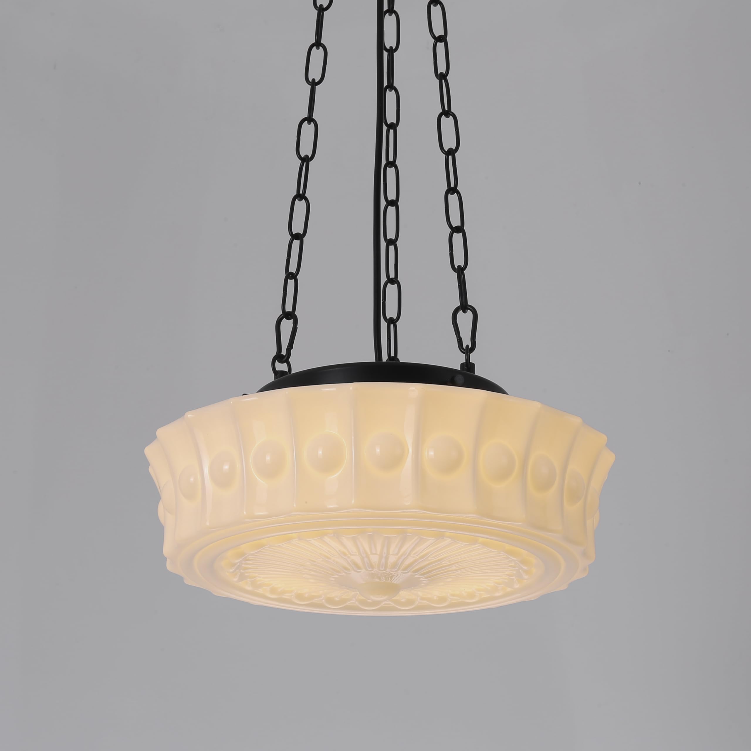 Fctwaks Schoolhouse Pendant Fixtures, 14'' Mid Century Modern Brass Gold Milk Green Glass Pendant Light, Adjustable Height, Vint