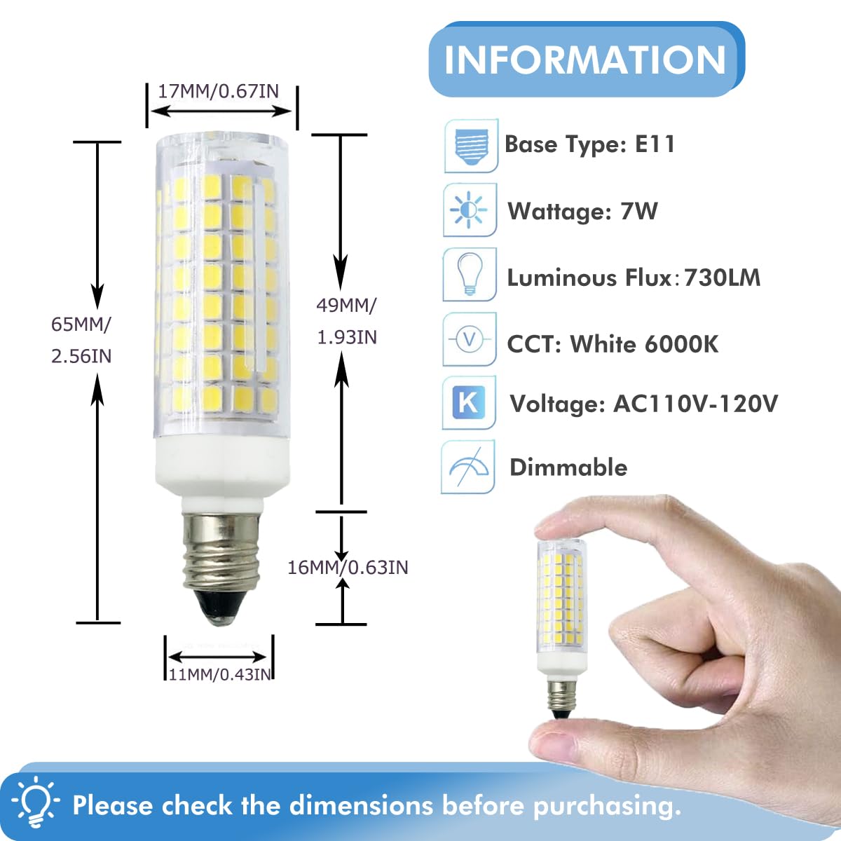 Zssxoled E11 Led Bulb 7W Dimmable E11 Mini Candelabra Base 75W Halogen Equivalent, T3/T4 Jd E11 Led Light Bulb For Chandelier Ca