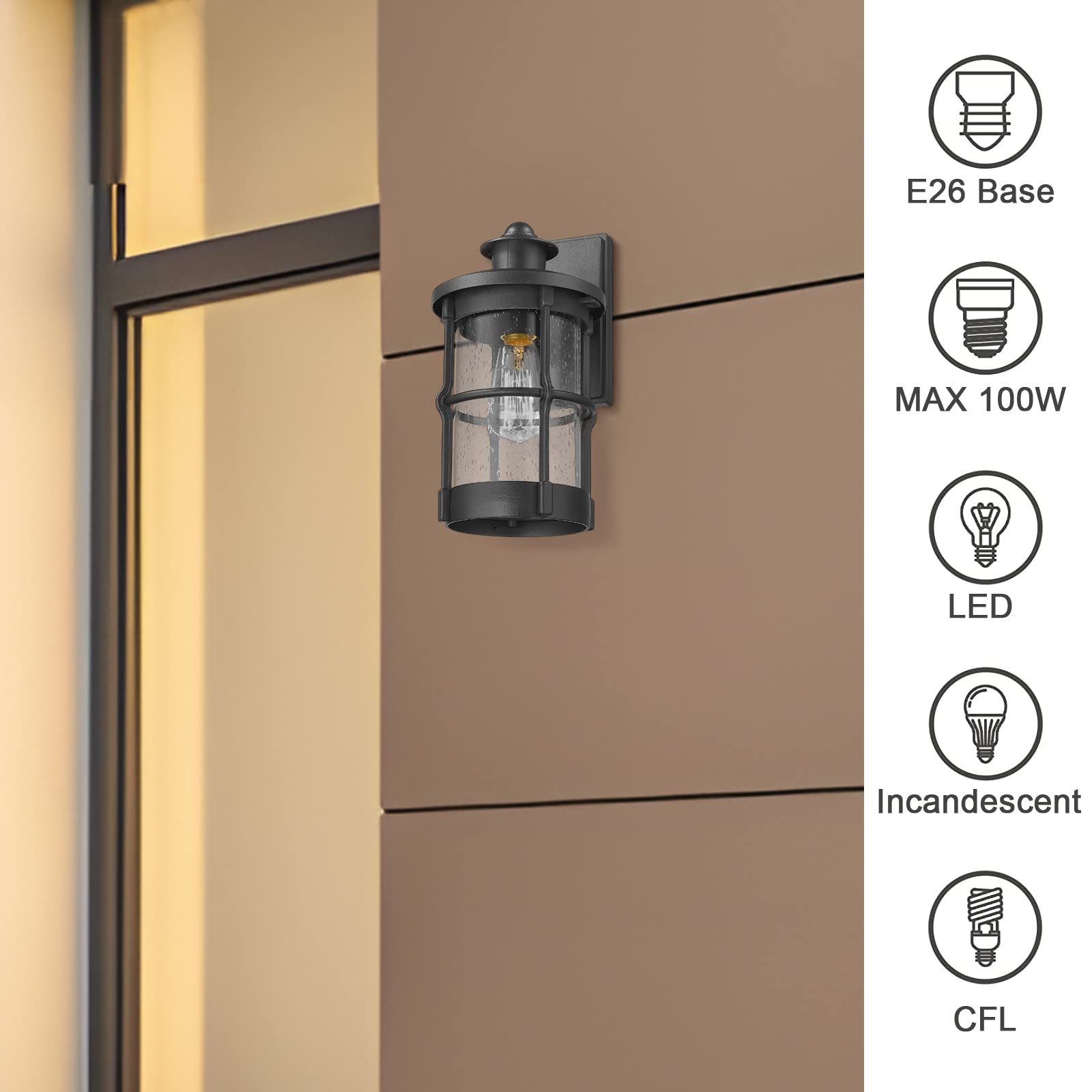 Rosient Outdoor Wall Sconces - Exterior Wall Mount Lighting Fixture In Black Finish With Seeded Glass (2 Pack)