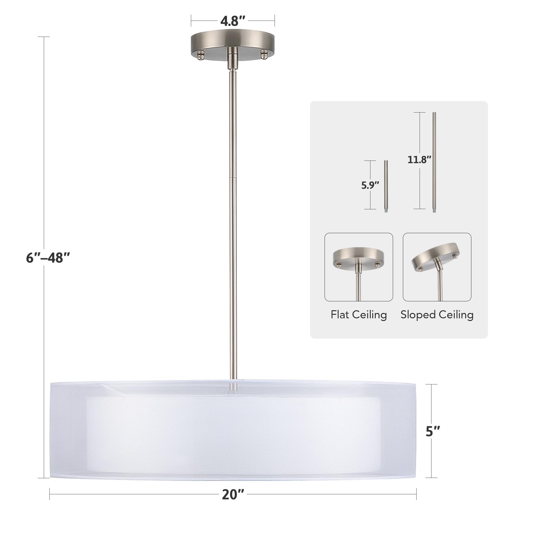 VONLUCE 3-Light Drum Chandelier, 20in Pendant Light Fixture, Fabric Shade, Brushed Nickel, Model HCF-1310-BZ