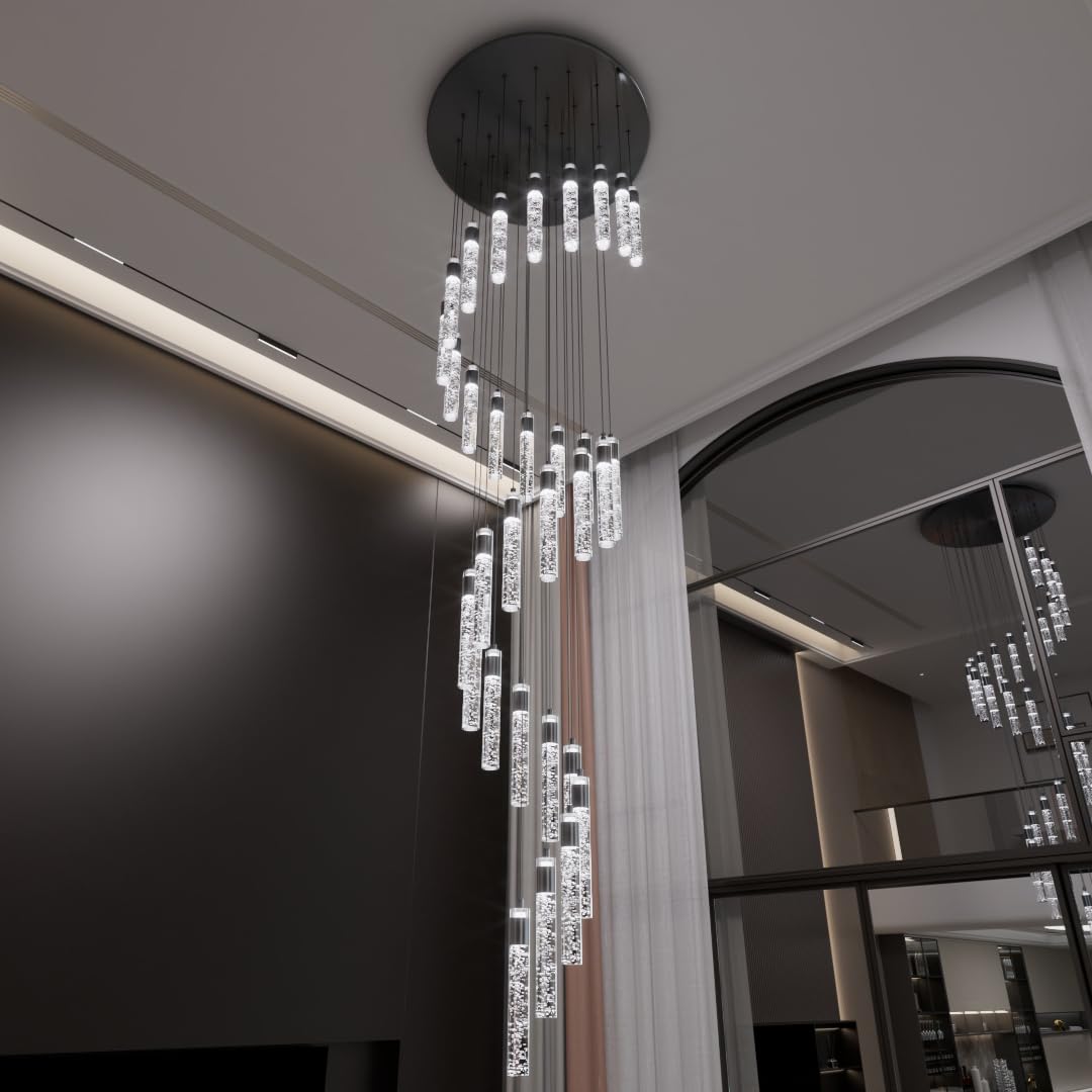 IDEQUY Large Crystal Chandelier 32-Light Black Spiral Fixture for High Ceilings, Model CF8029-32H
