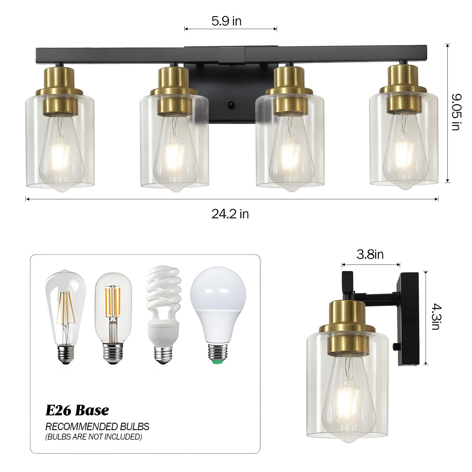 DIKAIDA Bathroom Vanity Light 4-Light Black & Gold Metal Fixture with Clear Glass Shade, Model BLBD-G-4