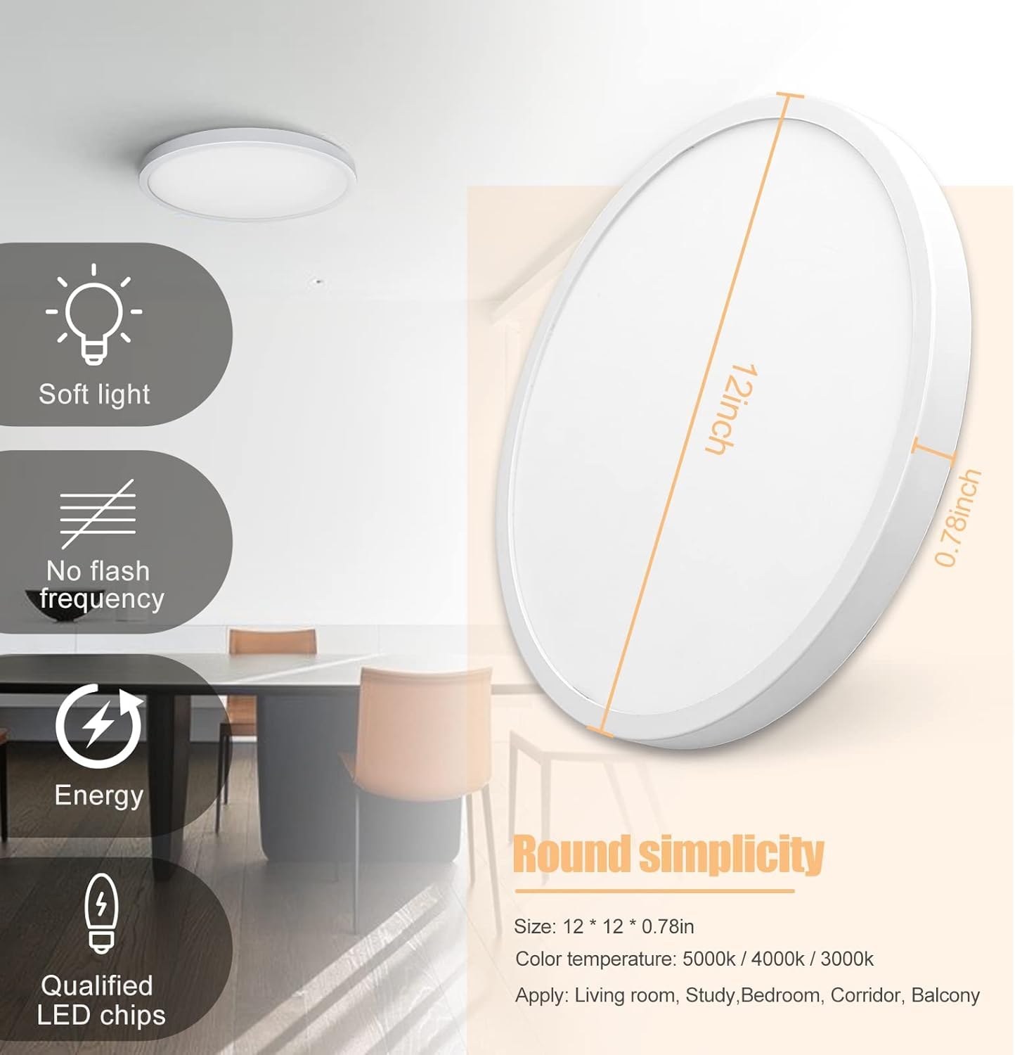 Yxx-Tech 12 Inch Flush Mount Ceiling Light,28W Surface Mount Led Ceiling Light Fixture For Bedroom Kitchen Bathroom Hallway,Dimm