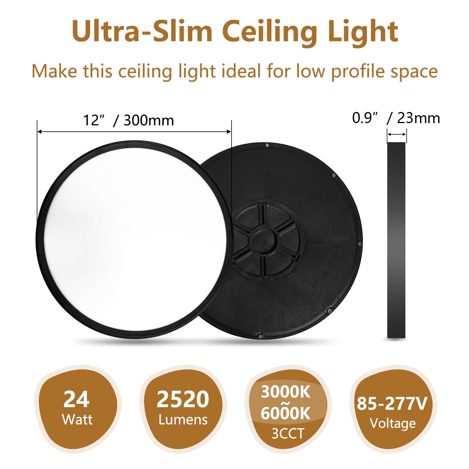 12Pk 12 Inch Led Flush Mount Ceiling Light, 24W, 2520Lm, 3000K/4000K/6000K Cct Selectable, 0.9Inch Super Slim Black Led Ceiling