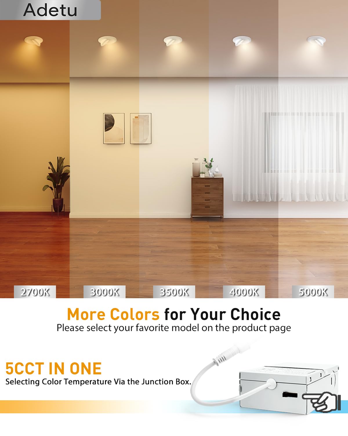 Adetu 6 Inch LED Recessed Lighting, 360° Adjustable, 2700K-5000K Dimmable, White, 1 Pack, Model AD-SC-6IN