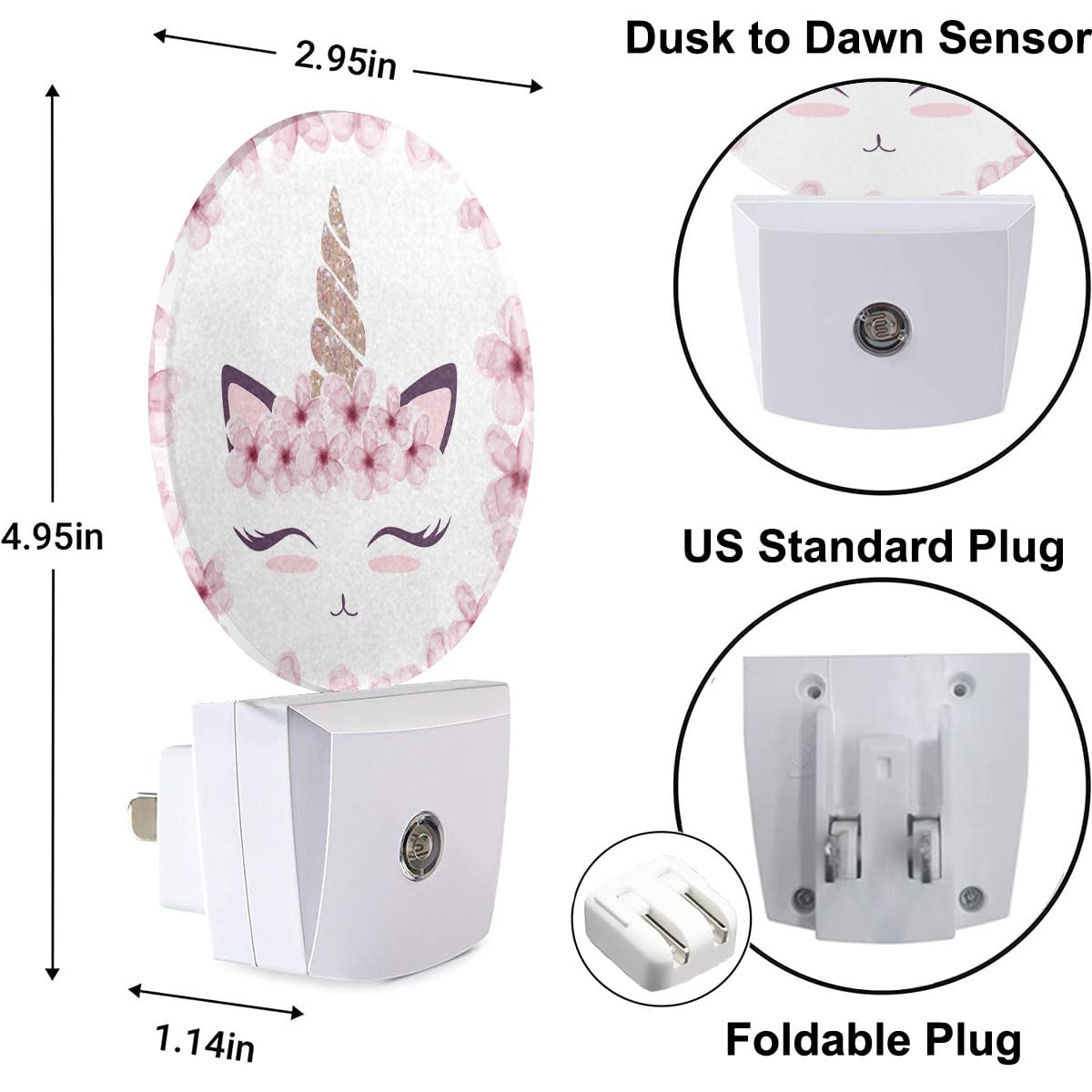 Uanvaha Pink Unicorn Floral Night Light Lamp Cute Animal Plug-In Night Lights With Dusk-To-Dawn Sensor For Bedroom, Bathroom And