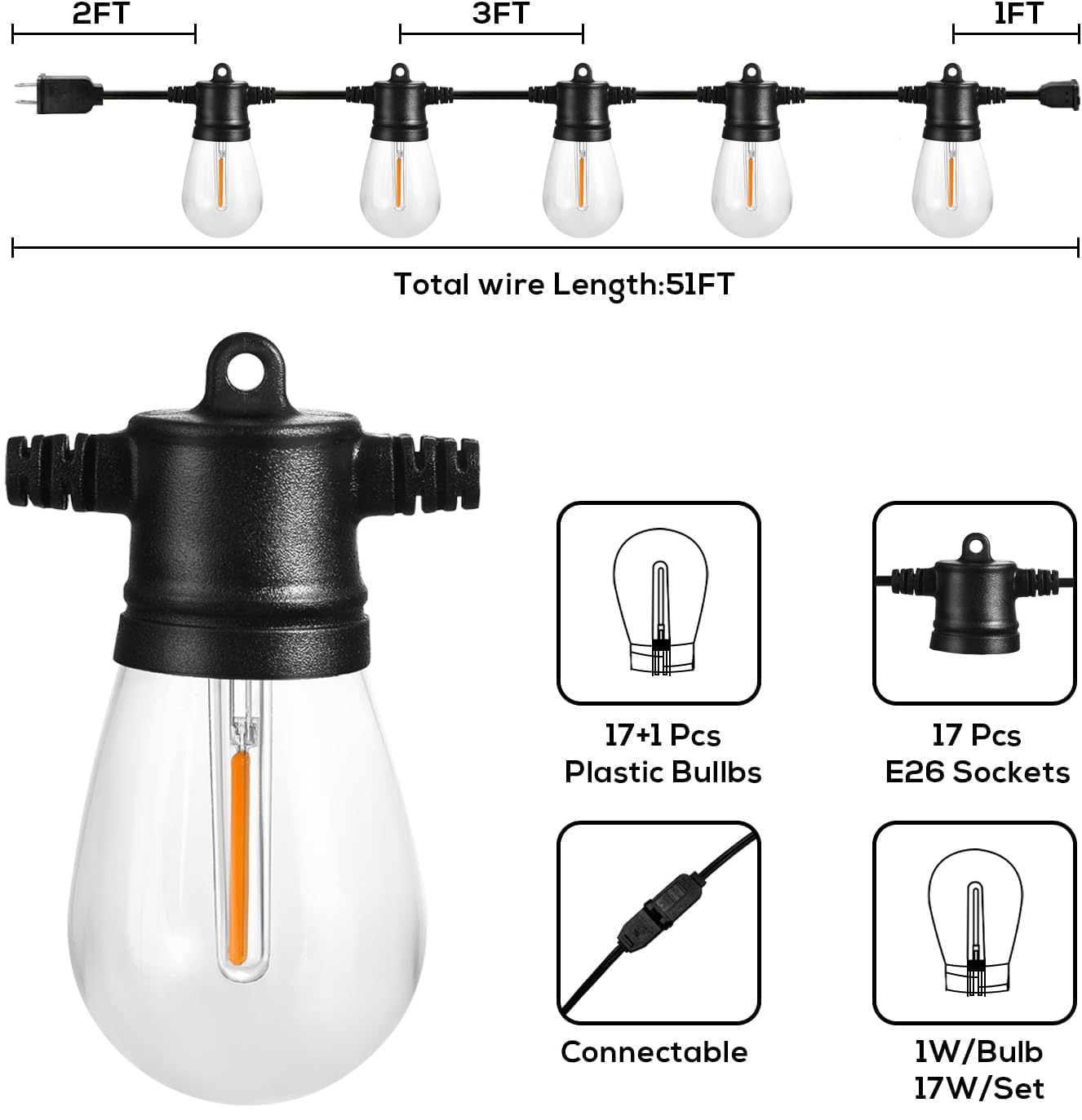 Banord 51FT Outdoor String Lights - Waterproof Black LED Bulb Patio Lights, Shatterproof for Backyard, Garden, Wedding, Party