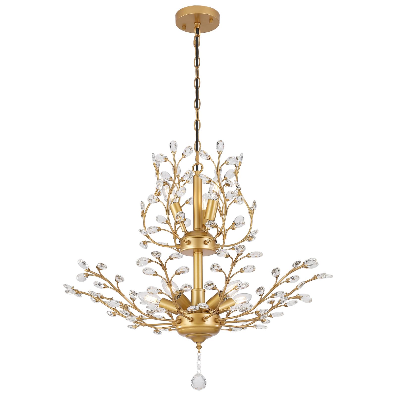 3WWWUEE Gold Crystal Chandelier, Farmhouse 8-Light Large Branch Pendant Light with Adjustable Chain, 2-Tier Vintage Flower Ceili