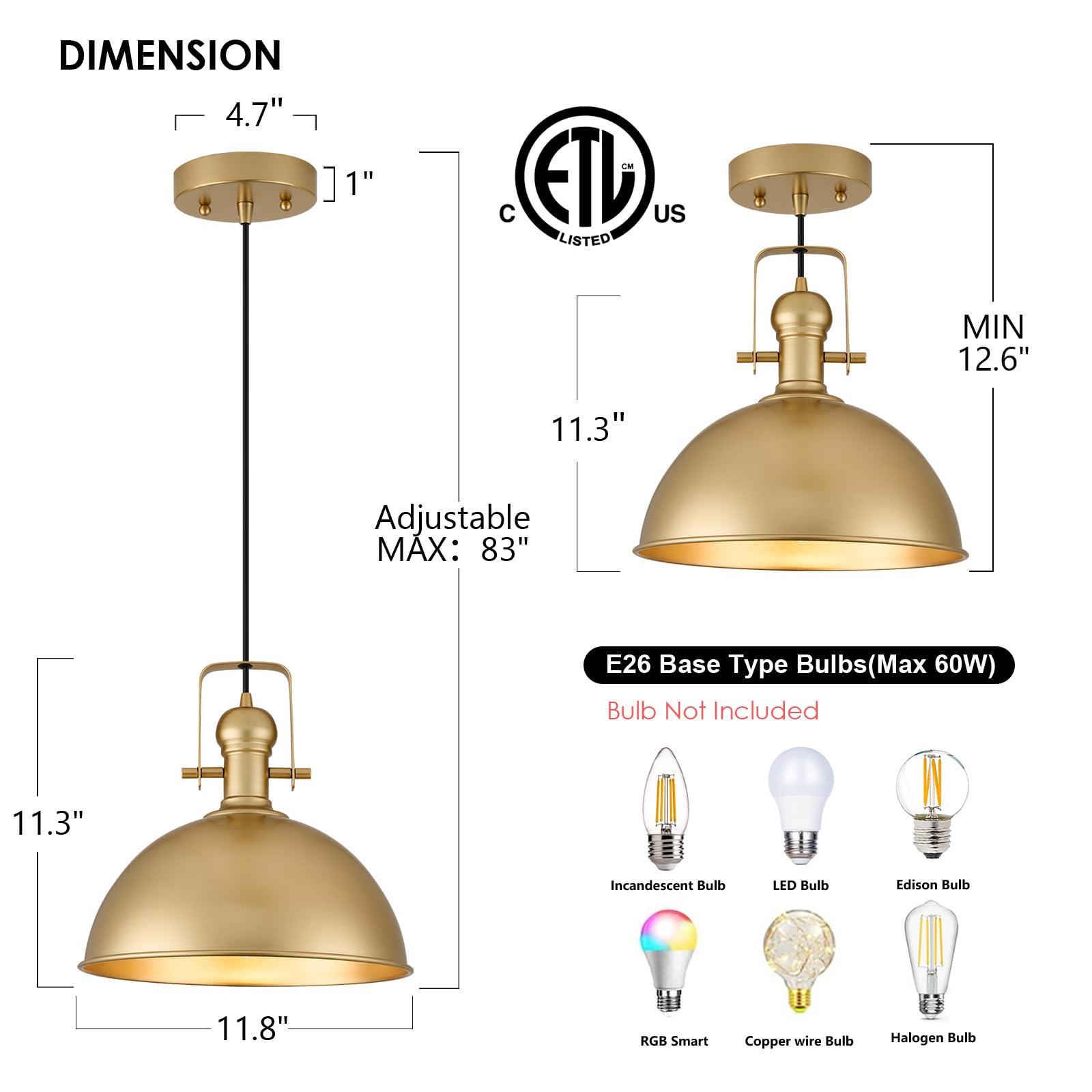 ALAISLYC 12" Gold Farmhouse Pendant Light - Vintage Dome Fixture for Kitchen Island & Dining Room, Adjustable Height, 1 Pack