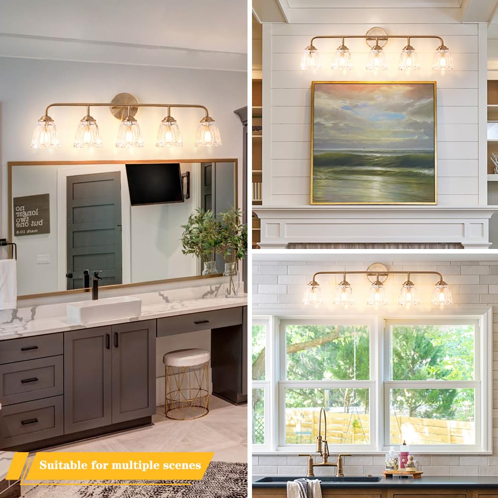 5-Light Vintage Vanity Light, Brushed Brass Vanity Lights For Bathroom, Elegant Bathroom Lighting Fixtures Over Mirror, Bathroom