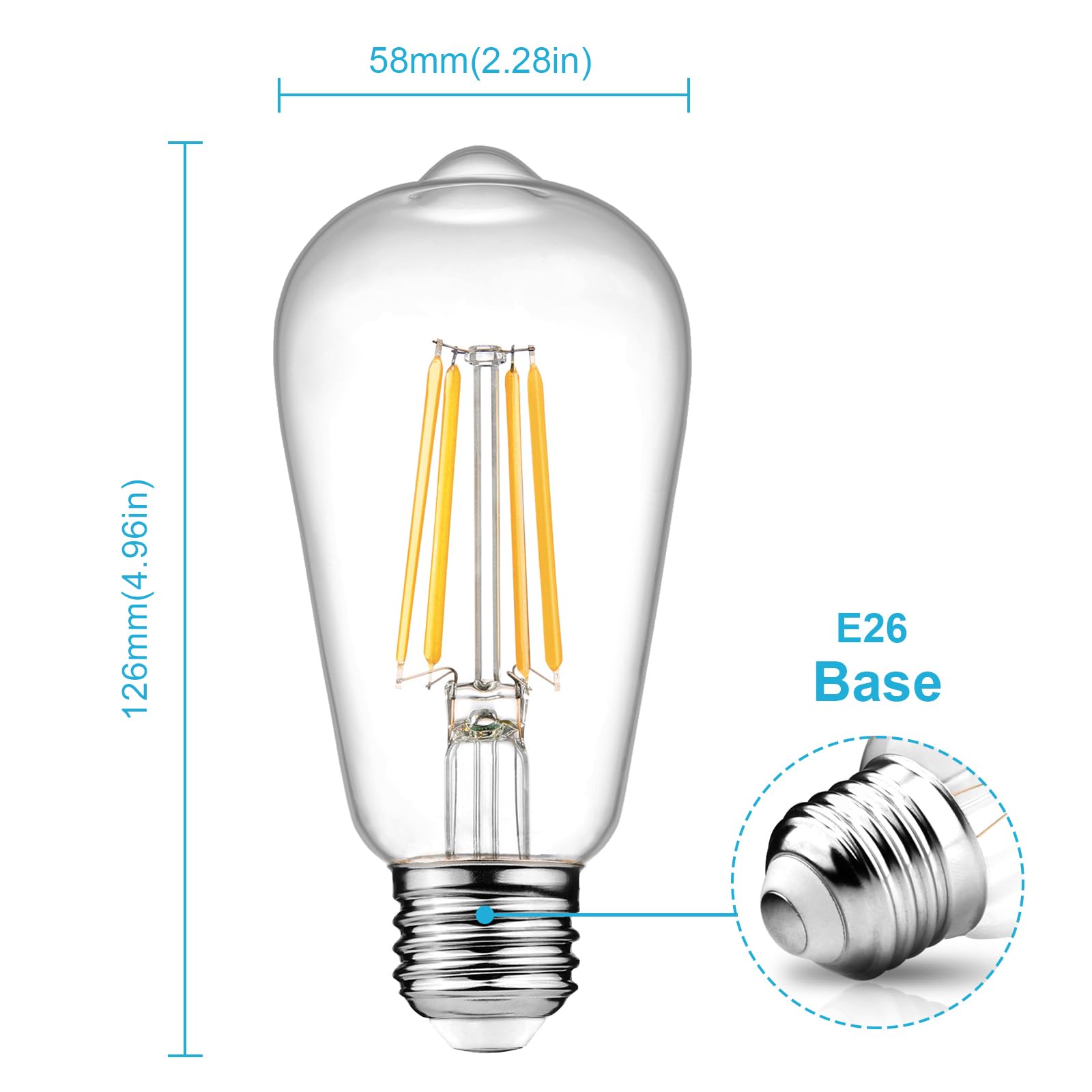 Ascher Vintage LED Edison Bulbs, 6W Equivalent, Warm White 2700K, Clear Glass, Pack of 6