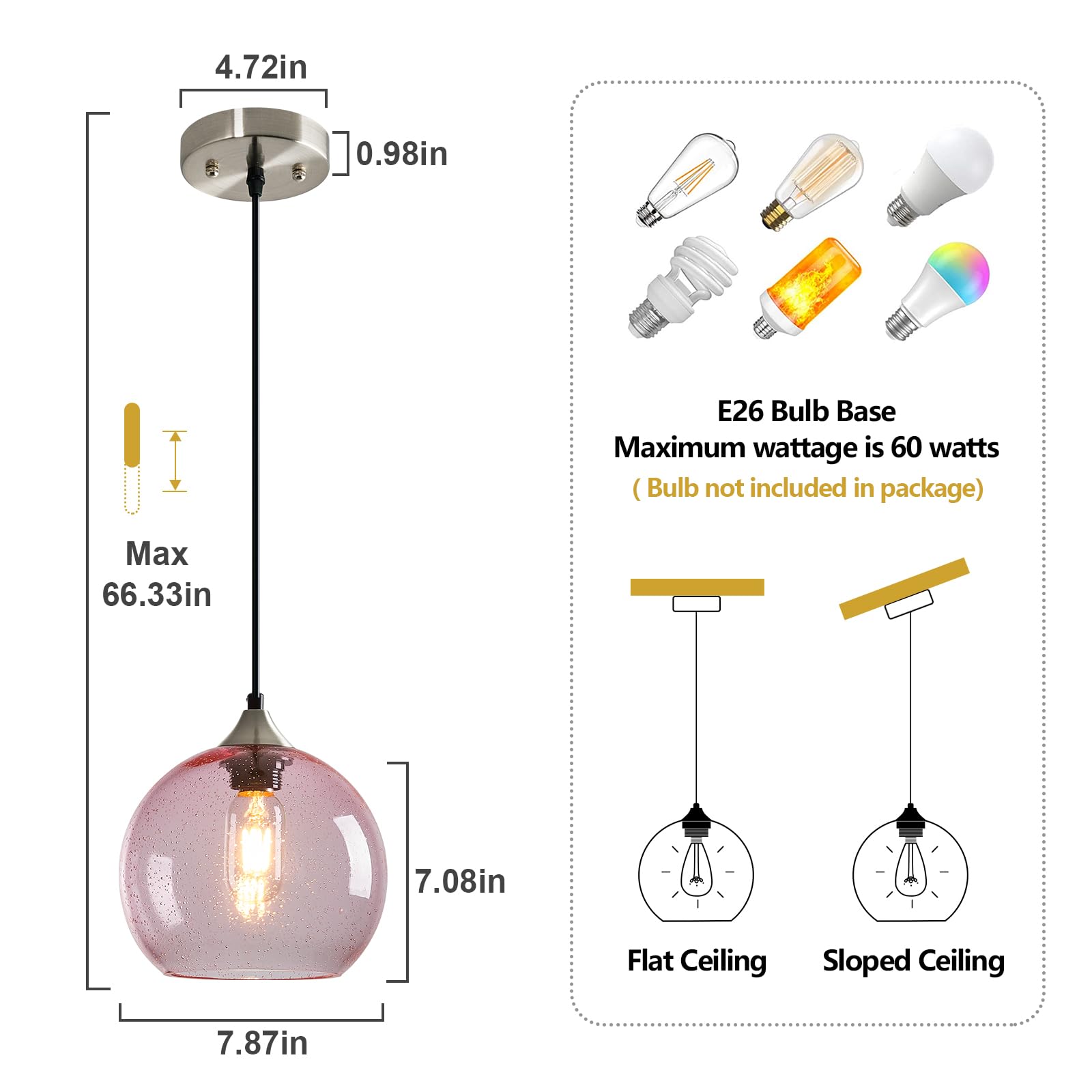 Lbsqj Pink Glass Pendant Lights Kitchen Island Lighting Globe Pendant Light Fixtures Modern Pendant Lighting For Bedroom Living Dining Room Light Fixture (7.87 In  1 Pack)