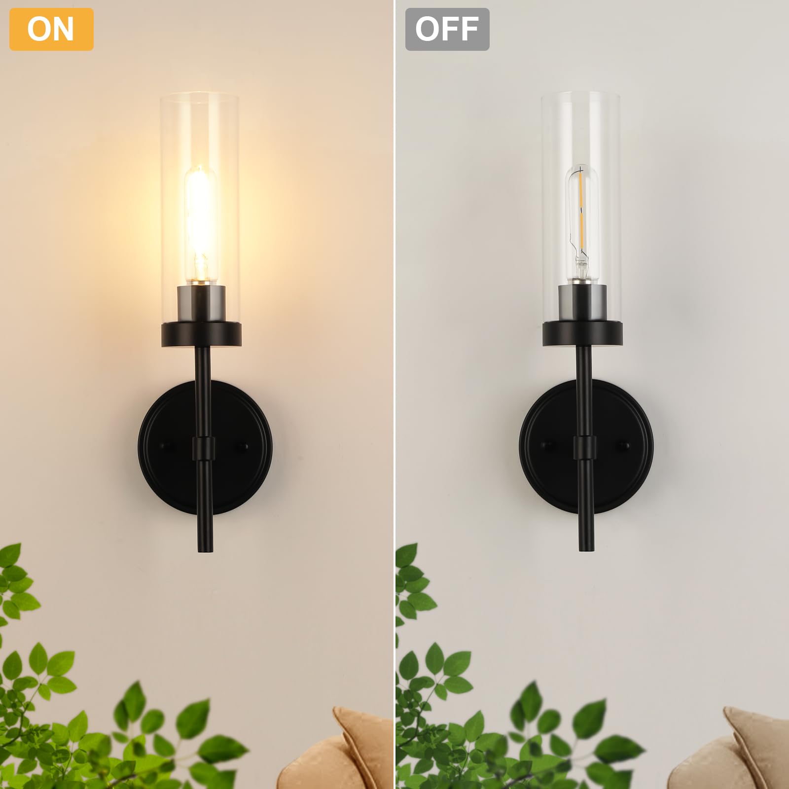 WILON Black Wall Sconces Set of 2, Metal Vanity Light Fixtures, 15.5in  Clear Glass Shades, Rustic Farmhouse Design