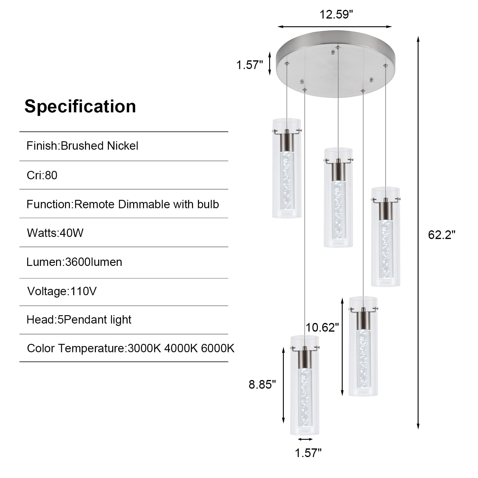 Bestwest Tri-Color Dimmable Pendant Light Fixtures,5-Light Kitchen Island Pendant Lights, 40W 3400Lm Remote With Brushed Nickel