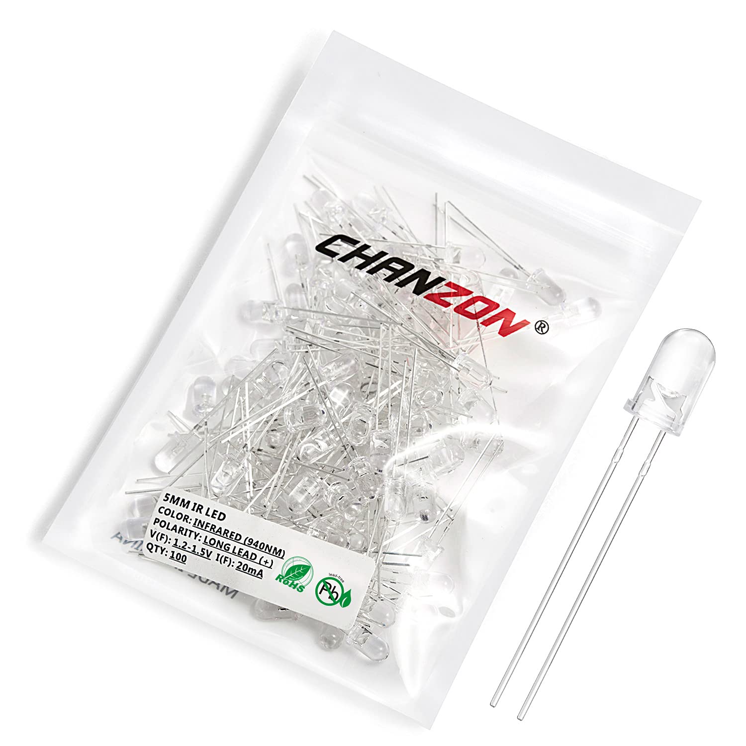 Chanzon 100 pcs 5mm Infrared Ray IR 940nm Emitter LED Diode Lights (Black Lens Round DC 1.2V-1.5V 20mA) Lighting Bulb Lamps Elec