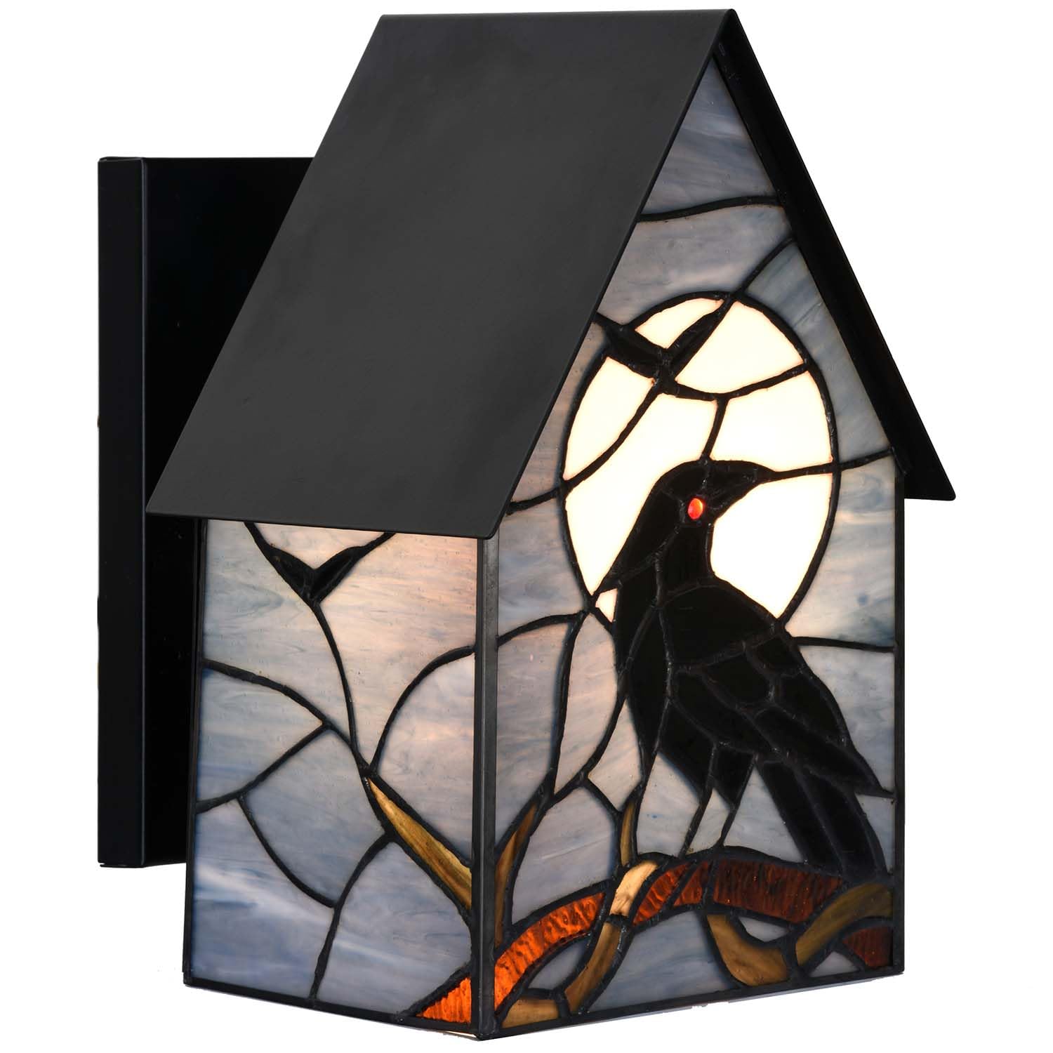 Bieye L10986 Tiffany-Style Stained Glass Outdoor Wall Sconce, Raven Porch Light for Front Door Entryway Patio (Dark Blue Moonlit