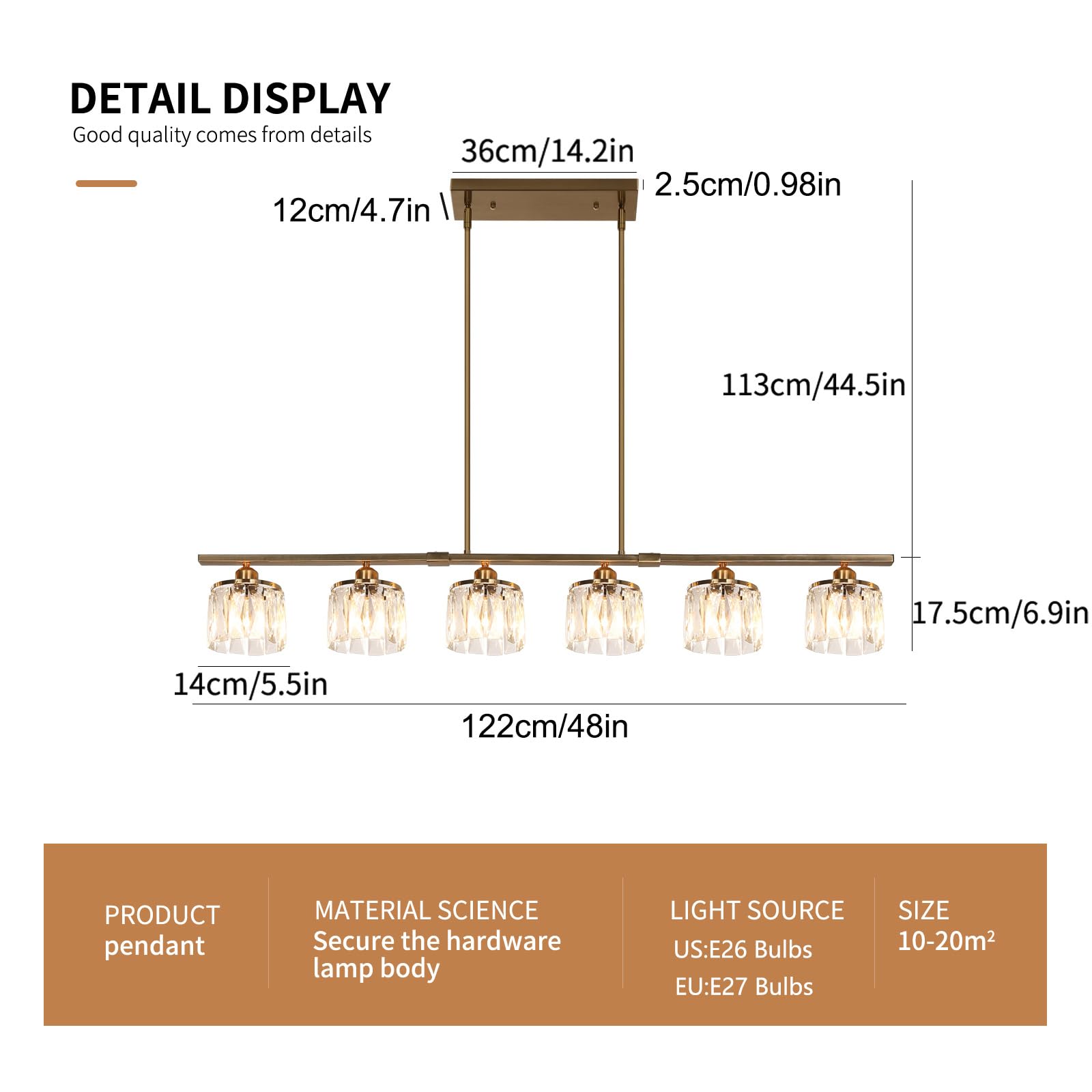 Ganeed 6-Light Adjustable Brass Chandelier with Crystal Shade, 48" Linear Dining Room Pendant Light Fixture, Gold Finish