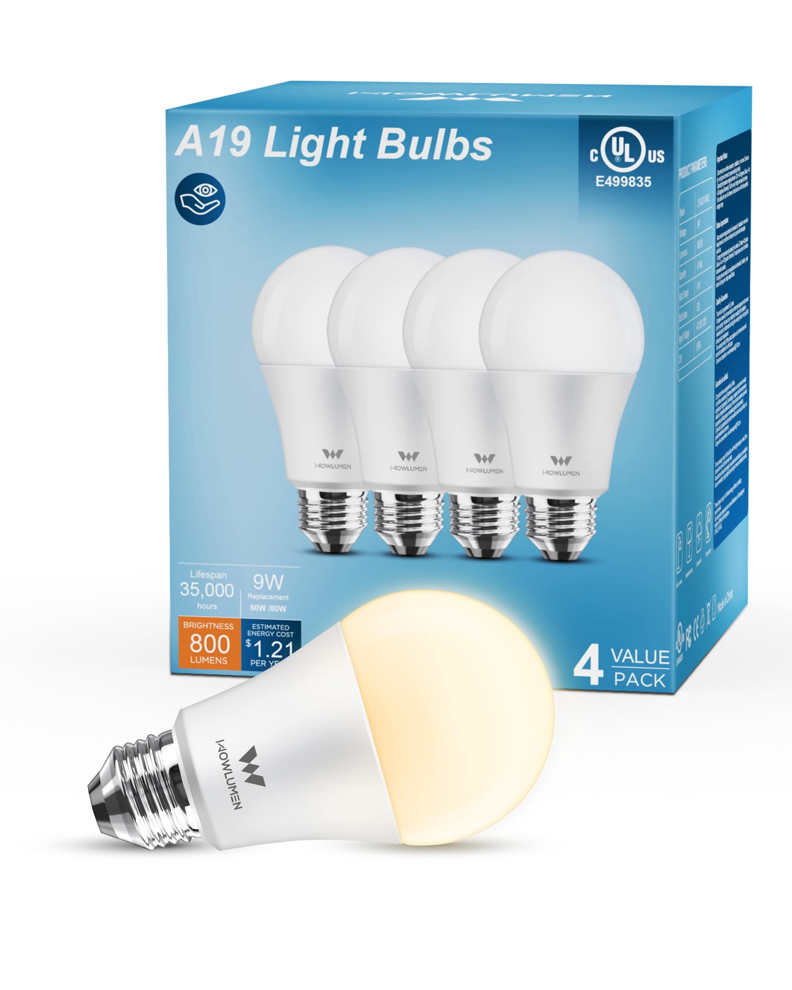 WOWLUMEN A19 LED Light Bulb, 9W (60/80W Equivalent), 2700K Warm White, 800LM, 4 Pack, Plastic
