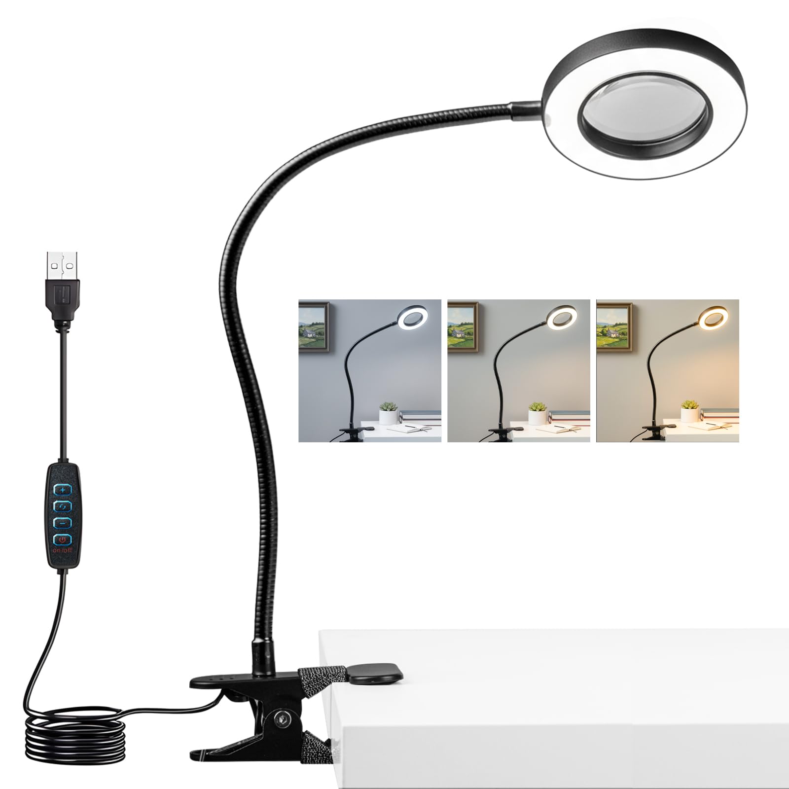 LALISU Clip on Lamp  5X Magnifying Glass with Light LED Desk Lamp with Clamp Bright Clip Light for Bed Bedside Table  Adjustable Reading Light for Bed  Desk Lights (Black with Magnifying)