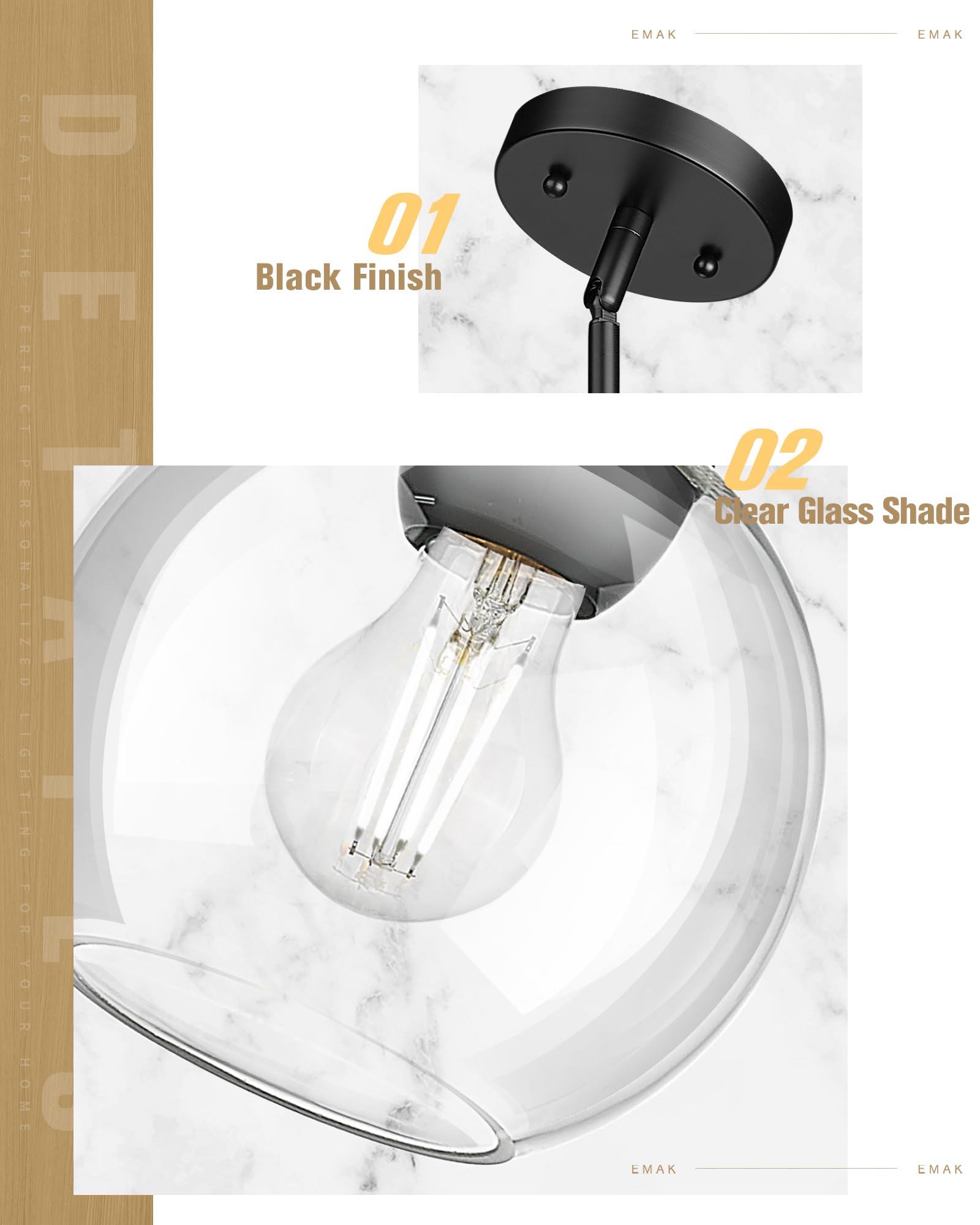 Emak 7 Inch Globe Pendant Light, Matte Black Pendant Light Fixtures With Clear Glass, 1-Light Hanging Lights For Kitchen, Bathro