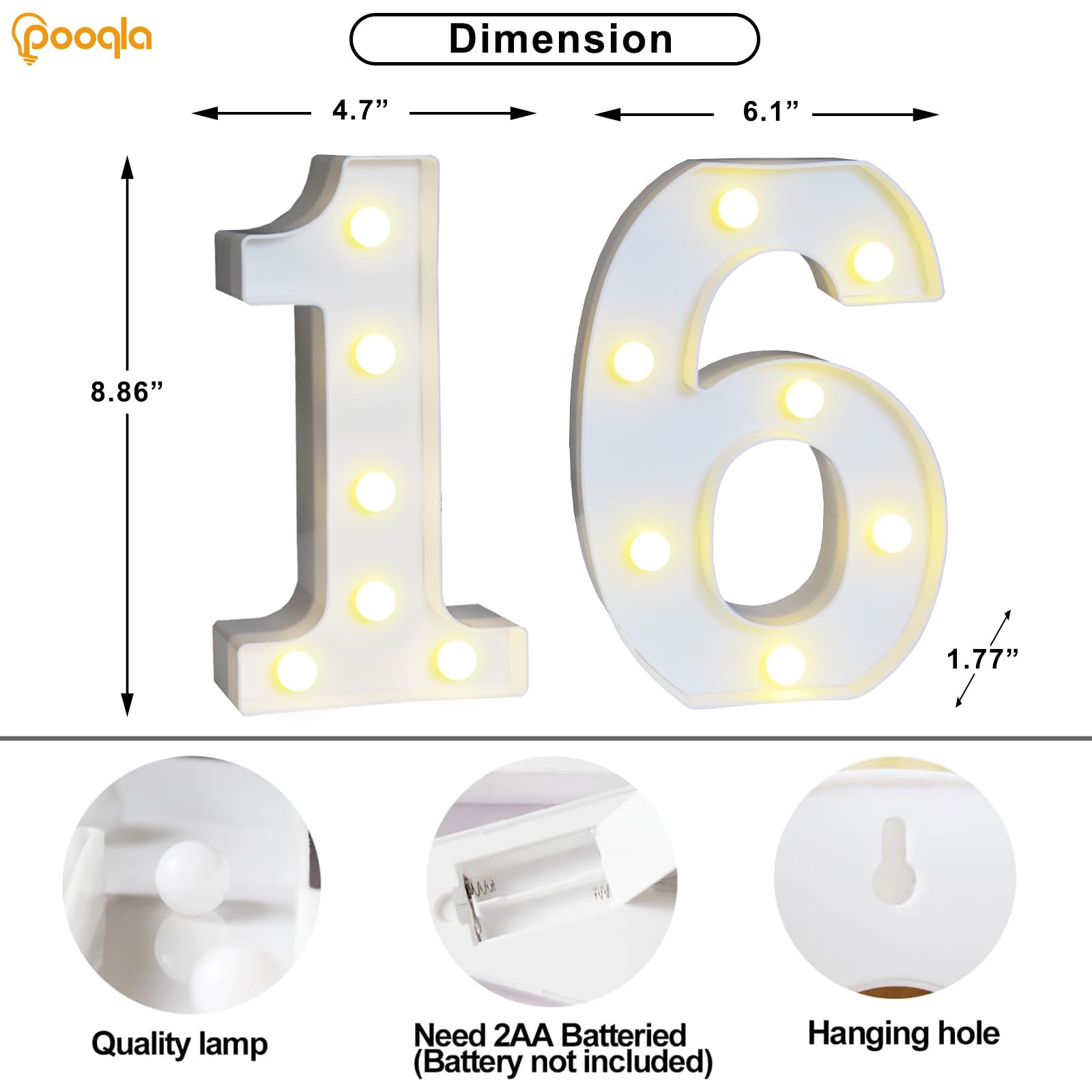 Pooqla LED Number 16 Sign - Decorative Marquee Light Up for 16th Birthday Party, Warm White and Cool White, Model DENC-BP-01