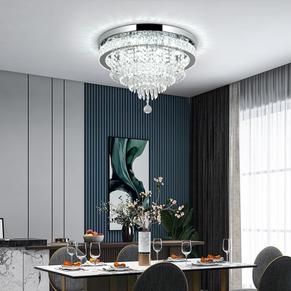 RHEAFON Dimmable Crystal Chandelier, Modern LED Flush Mount Light, 19.7 Inch, Silver and Chrome, Remote & APP Control, Model KY-MC010-DMA