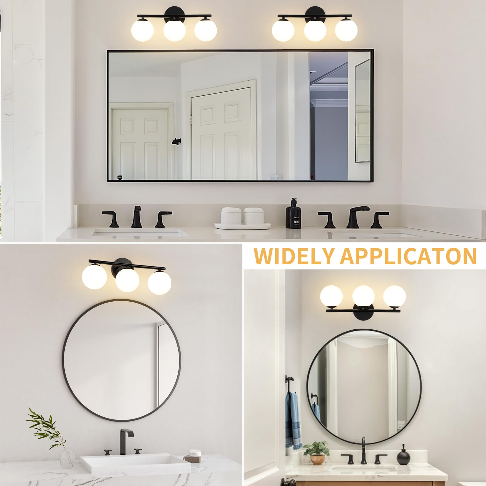 foucasal 3-Light Black Globe Bathroom Vanity Light, 11.81" Wall Sconce with Milk White Shades, Model ULYQBD47-3A