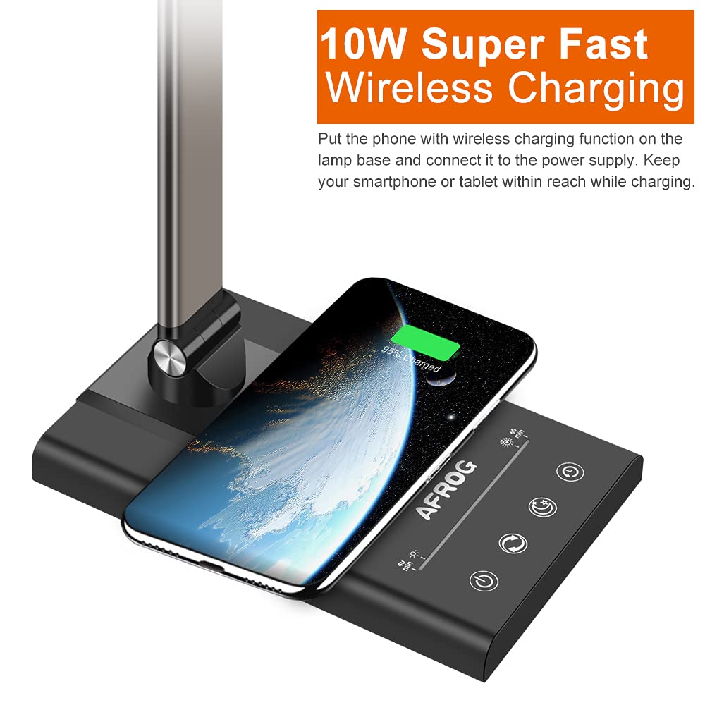 Afrog 5Th Gen Multifunctional Led Desk Lamp With 10W Fast Wireless Charger, Usb Charging Port,1800Lux Super Bright,5 Lighting Mode,7 Brightness, Touch Control, Auto Timer, 15W Office Table Lamp