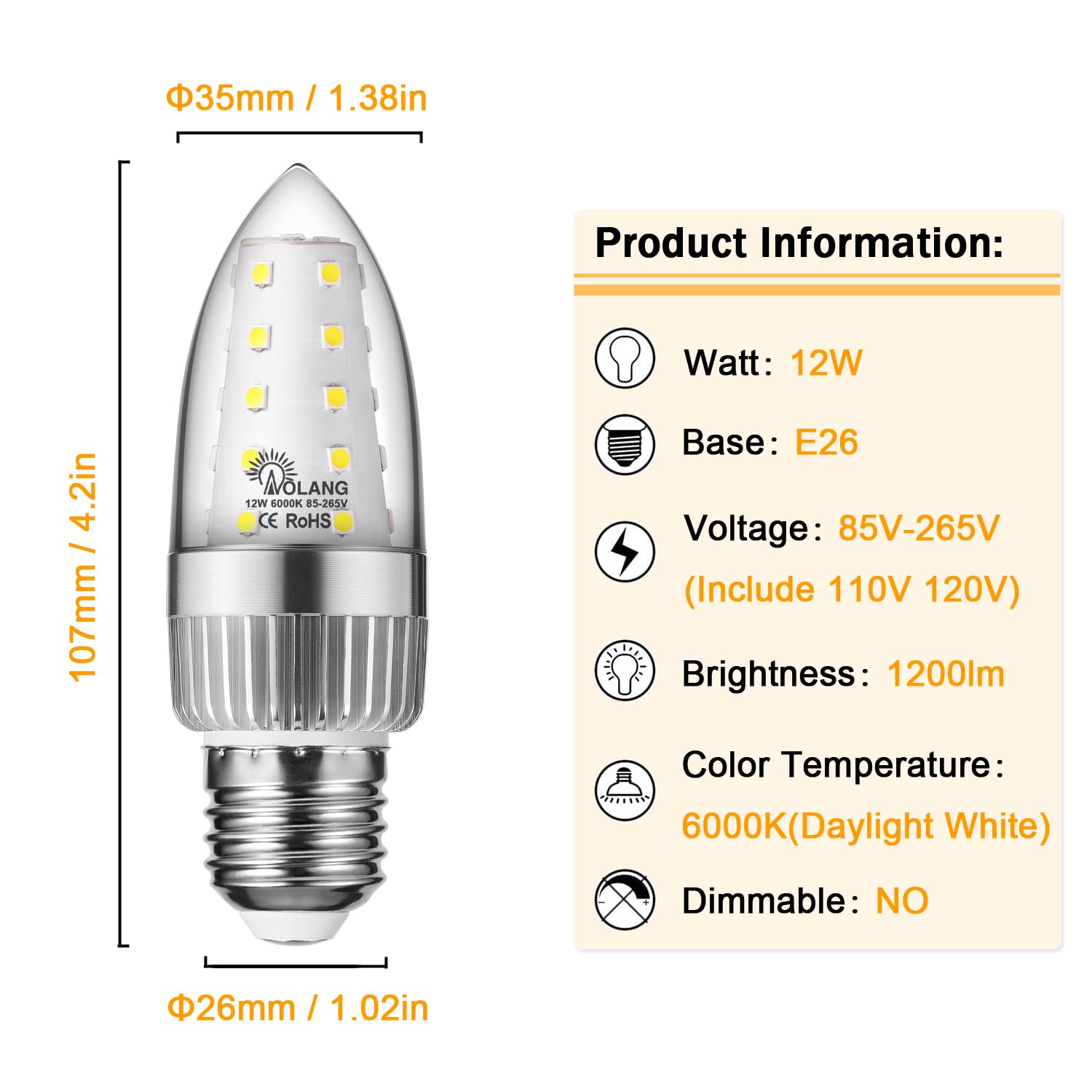 Aolang E26 Led Candelabra Bulb, 12W Led Candle Bulbs,100-Watt Light Bulbs Equivalent, Daylight White 6000K Chandelier Bulbs, E26