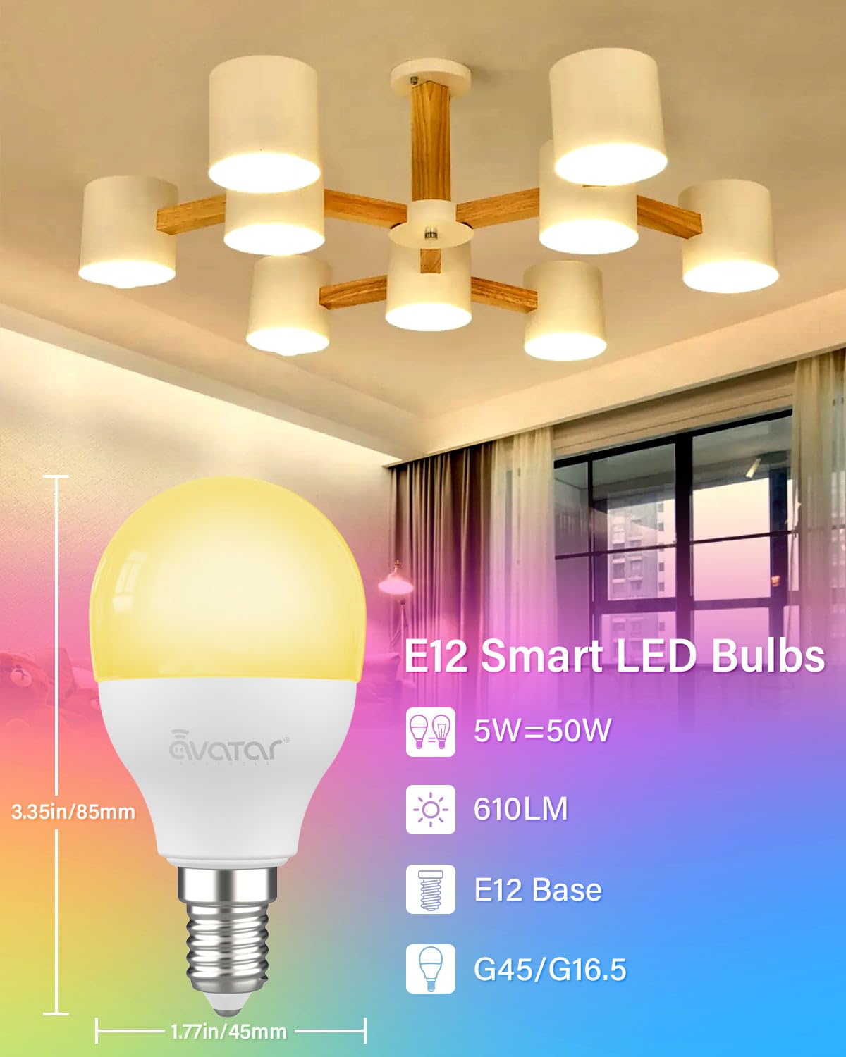 Avatar Controls E12 Smart LED Light Bulbs, 6 Pack, 5W, Color Changing, Tunable White, Wi-Fi, App & Voice Control, No Hub Required