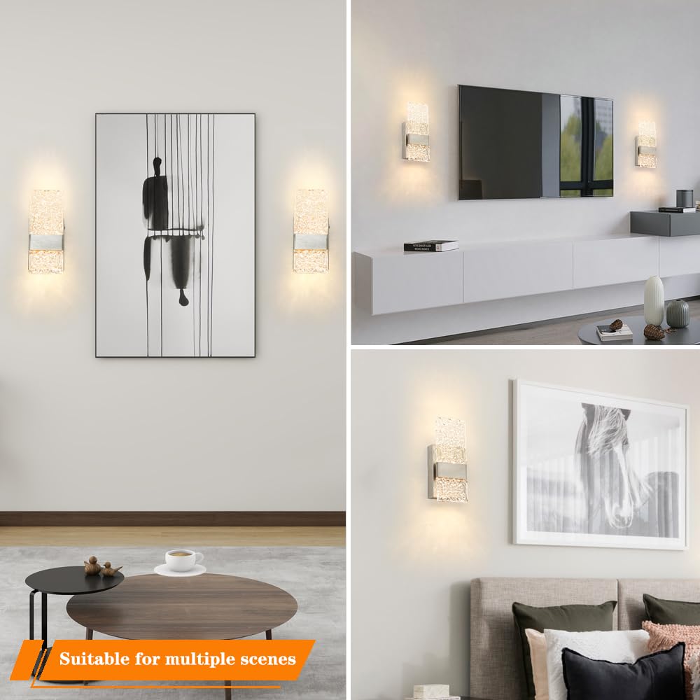 Ditoon Modern Brushed Nickel Wall Sconces Set of 2 - Rechargeable LED Lighting, Wireless, 9.2in, Acrylic Shade, Art Deco Design