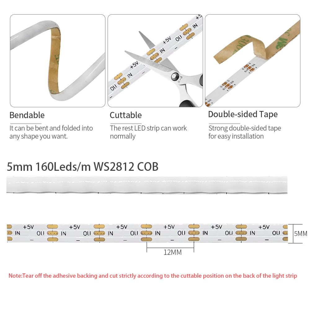 Xnbada 16.4FT WS2812B LED Strip Light, 160 LEDs/m, Flexible DC5V 5mm, Individually Addressable for Bedroom, Kitchen, TV Backlight